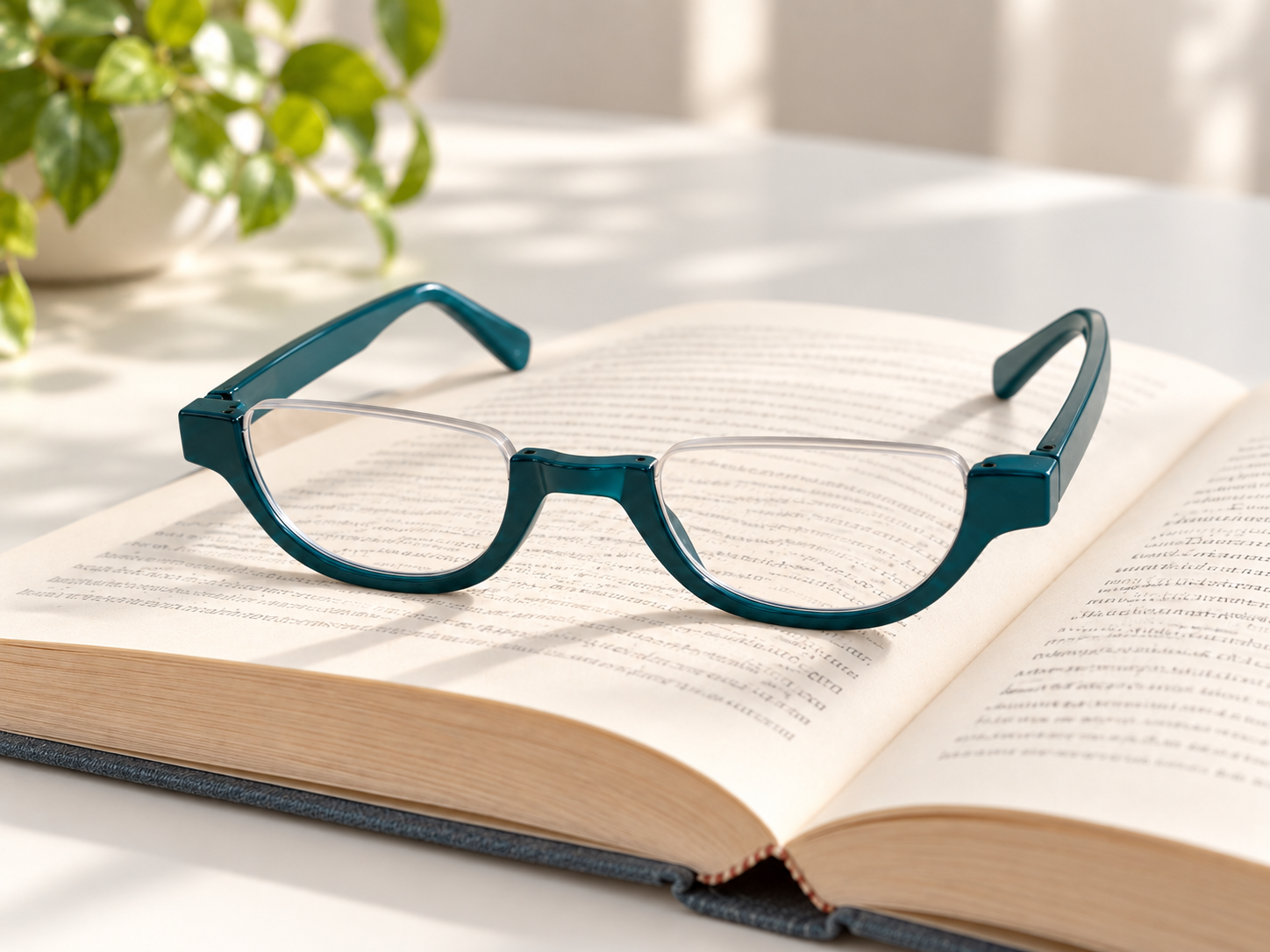 Cove teal half-eye reading glasses resting on an open book beside a green plant