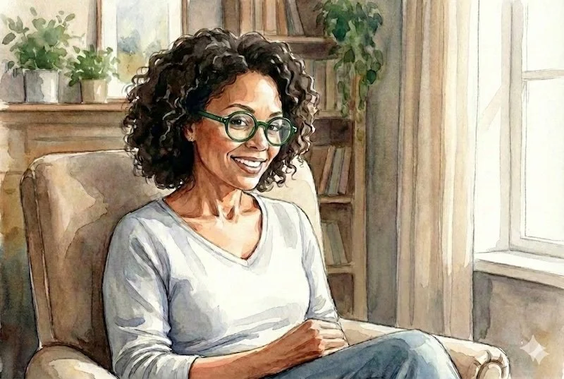 Watercolour portrait of a smiling woman with curly hair wearing bold, round green reading glasses.