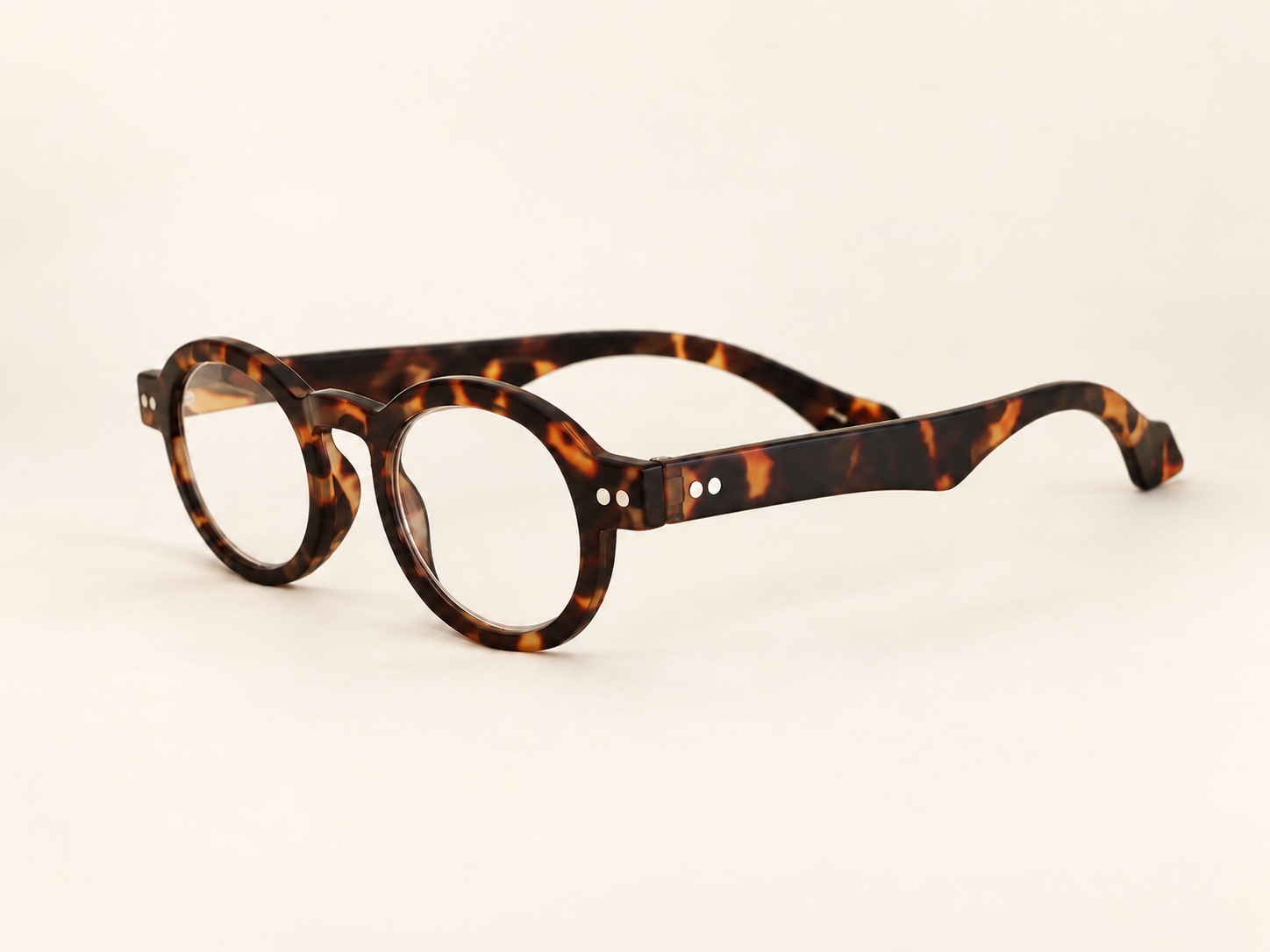 Side view of Doctor Shell tortoiseshell reading glasses showing the broad temple and curved arm tip