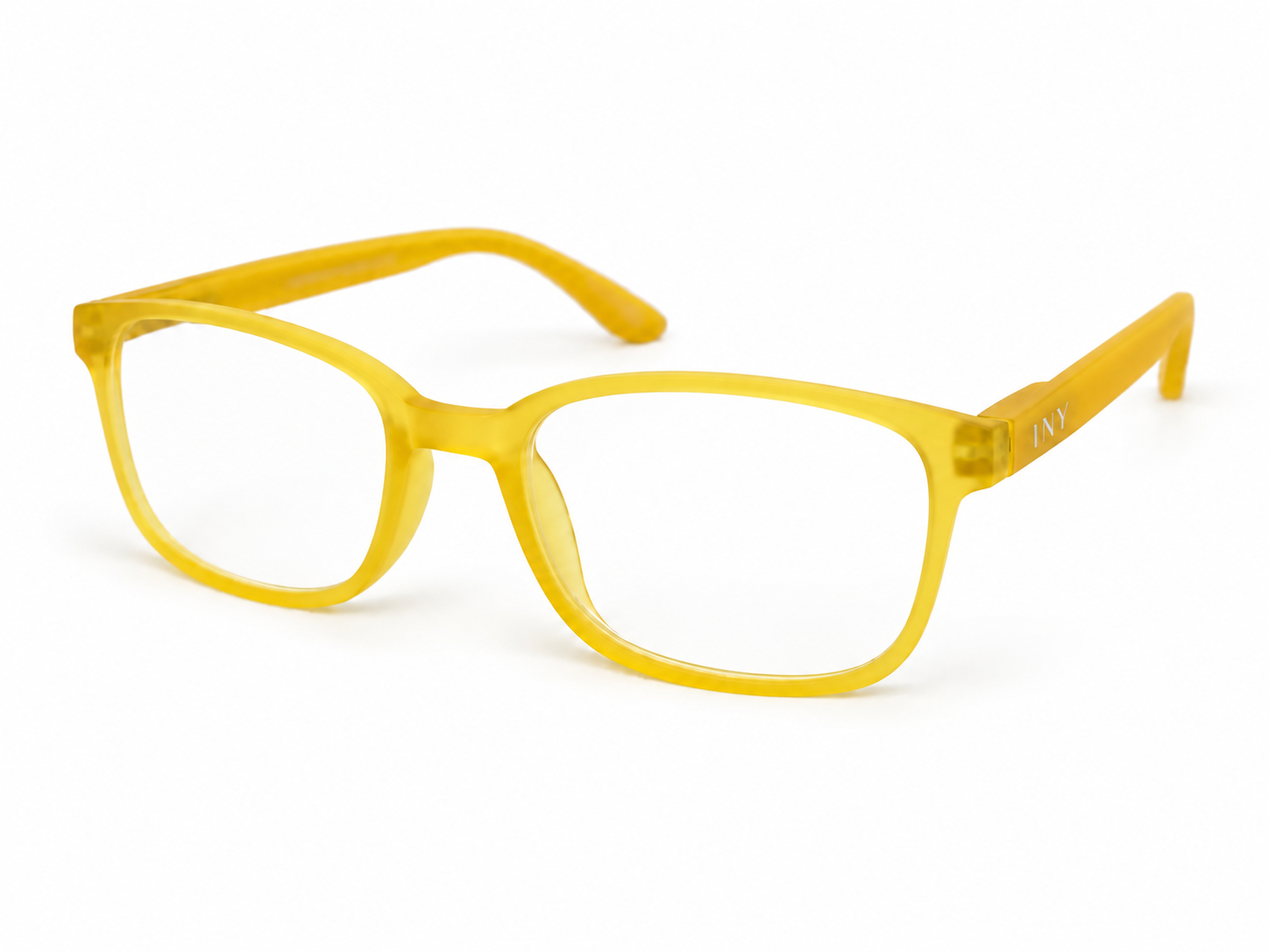 Yellow Rainbow reading glasses viewed from the front and side, with the INY logo visible on the temple