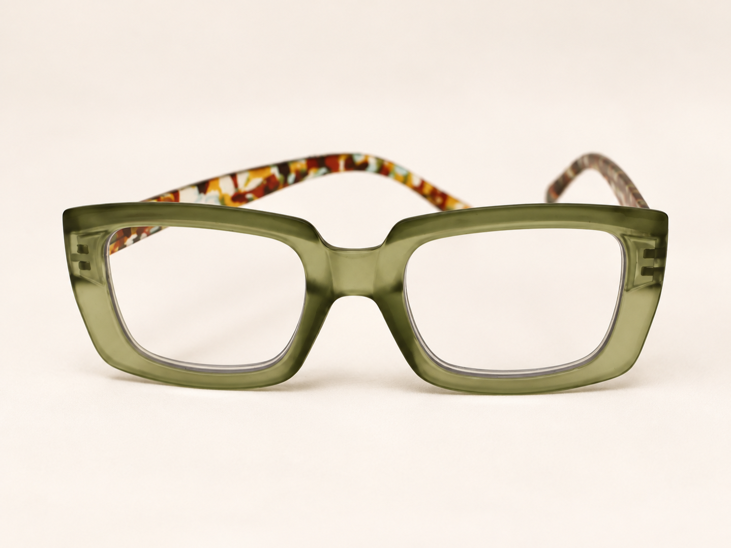 Front view of Ikaly Seoul square reading glasses with a translucent green frame