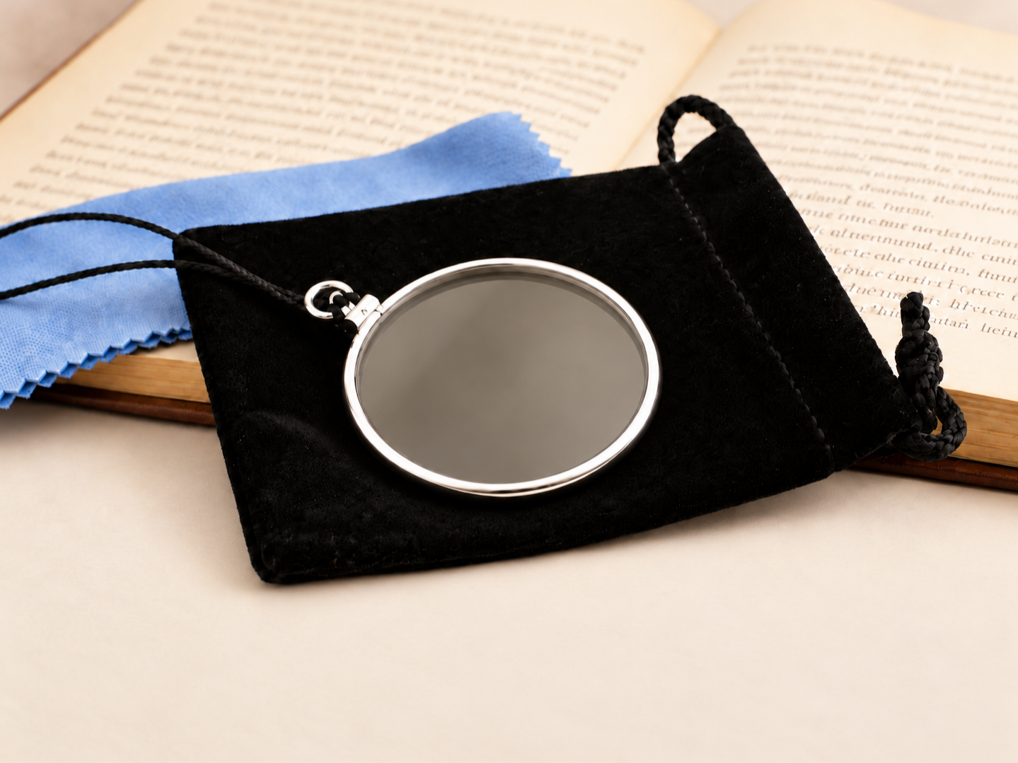 Silver non-galleried monocle with black cord, resting on a black pouch beside a blue cleaning cloth and open book