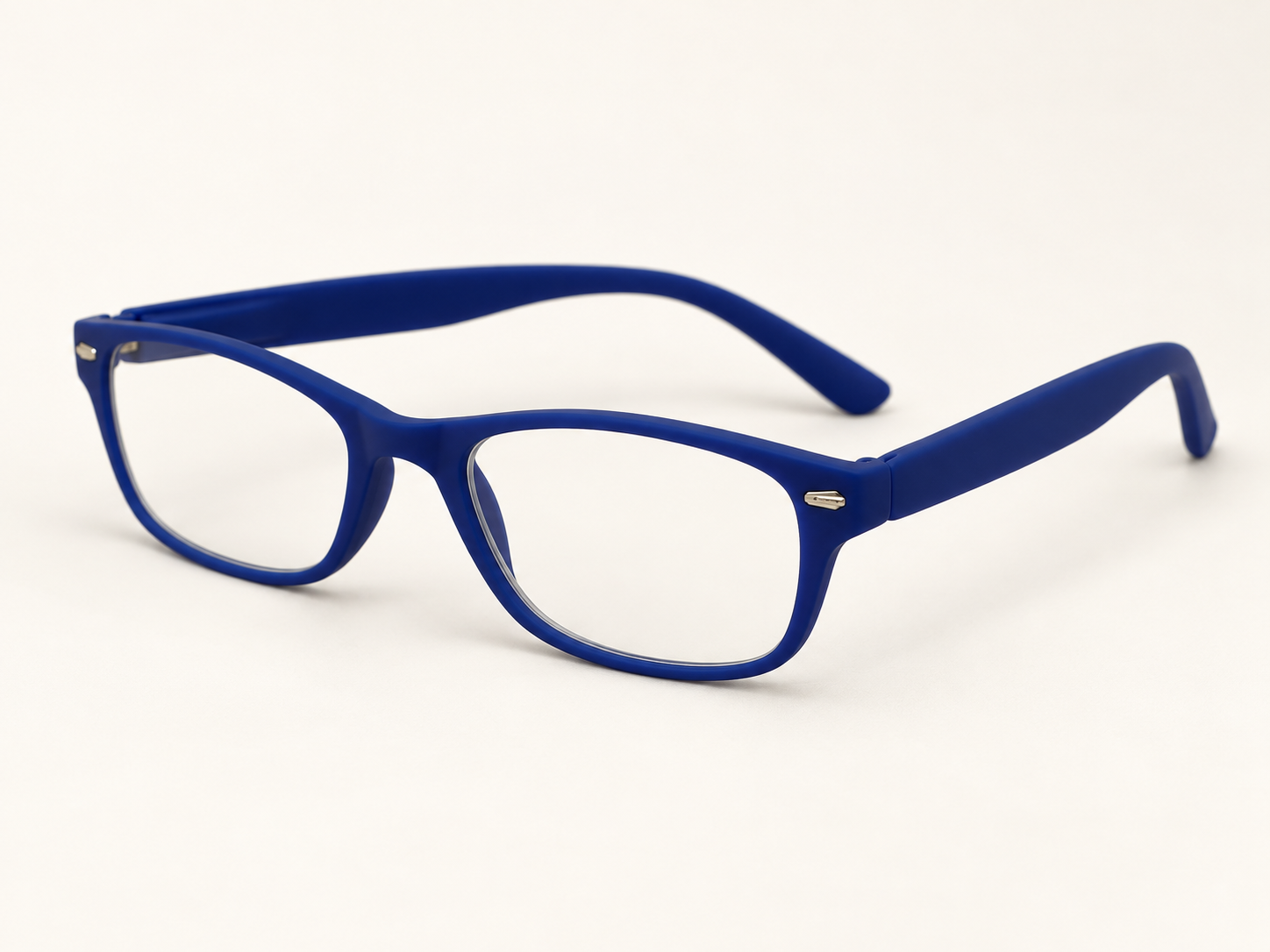 Feeling Blue reading glasses with a deep blue full frame, shown at an angle
