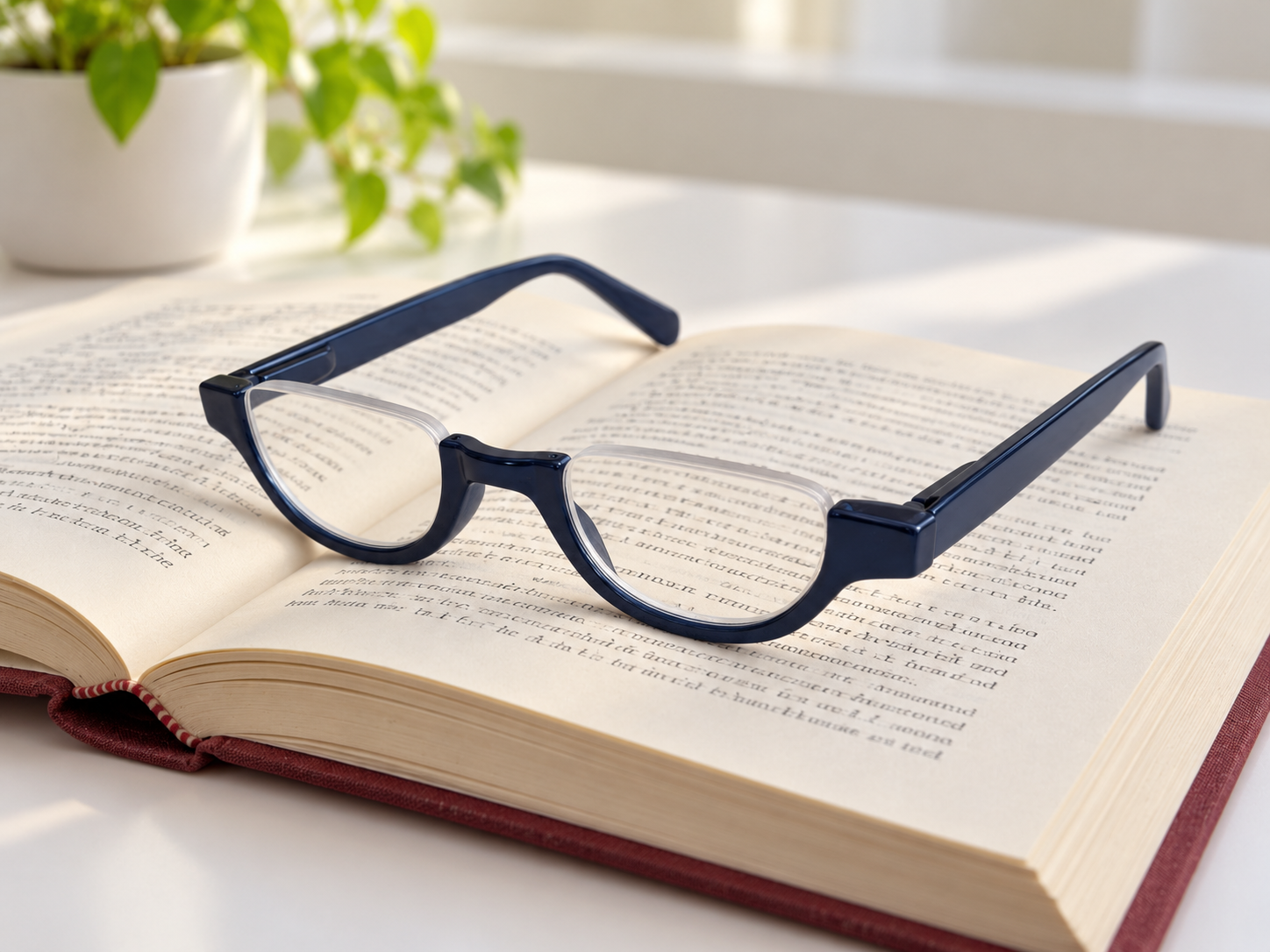 Cove navy blue half-eye reading glasses resting at an angle on an open book beside a green plant