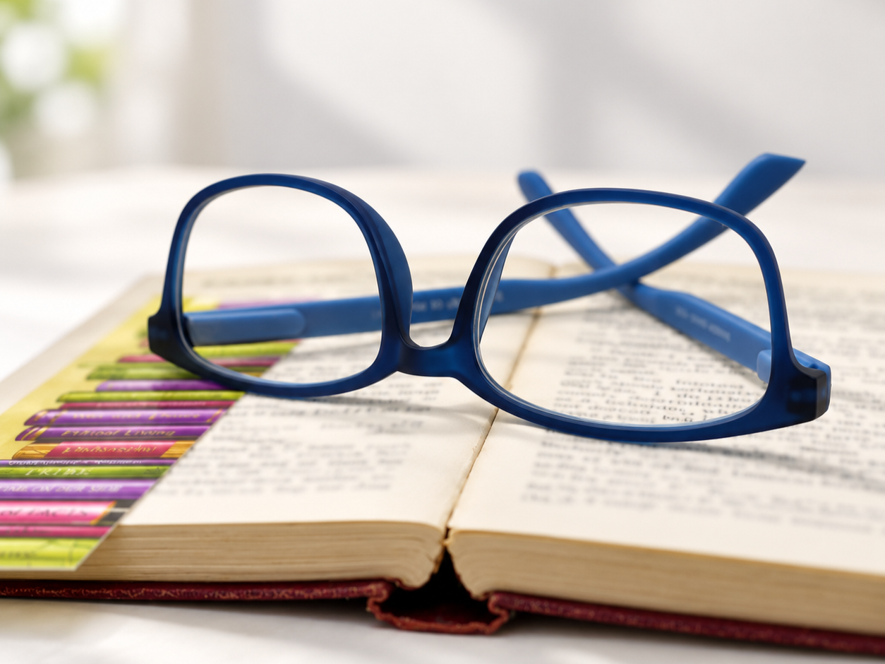 Rainbow blue reading glasses resting open on the pages of a book