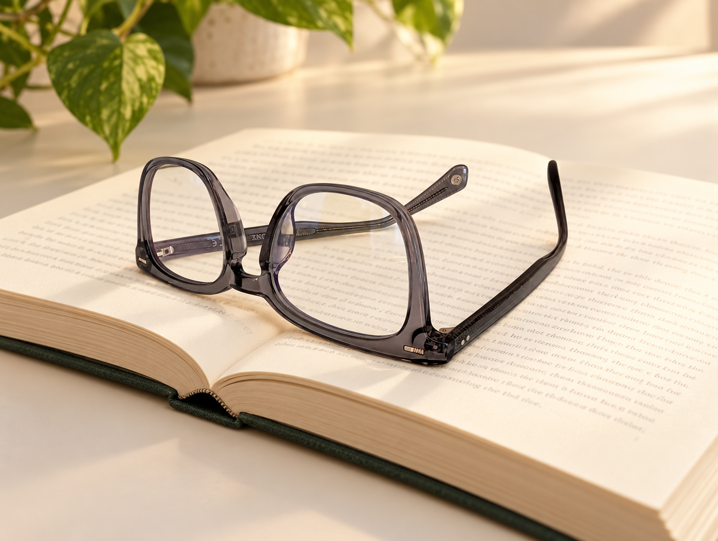 Jacob Stone JS811 grey reading glasses resting upside down on an open book beside a green plant
