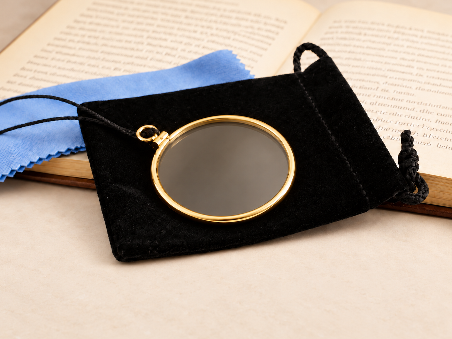 Gold non-galleried monocle with black cord, resting on a black pouch beside a blue cleaning cloth and open book