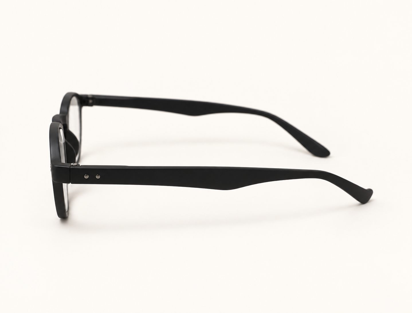 Side view of black Hangover Panto reading glasses showing the extra-long curved temples