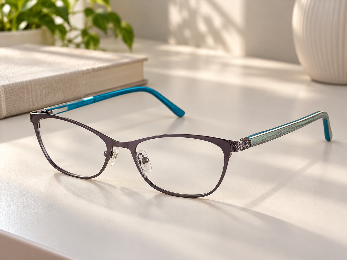 OMG! 6030 C3 cat-eye reading glasses on an ivory desk beside a book and plant