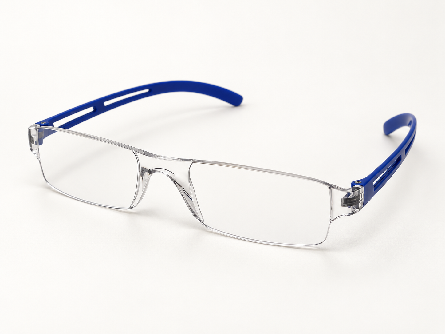 Joy Blue reading glasses with clear front and cobalt blue slotted temples, shown in a three-quarter front view