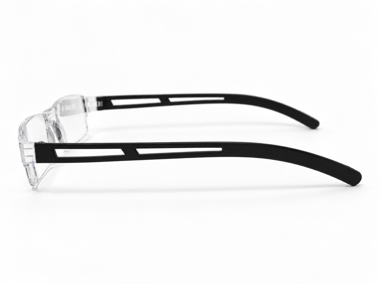 Side view of Joy Black reading glasses showing the black cut-out arms