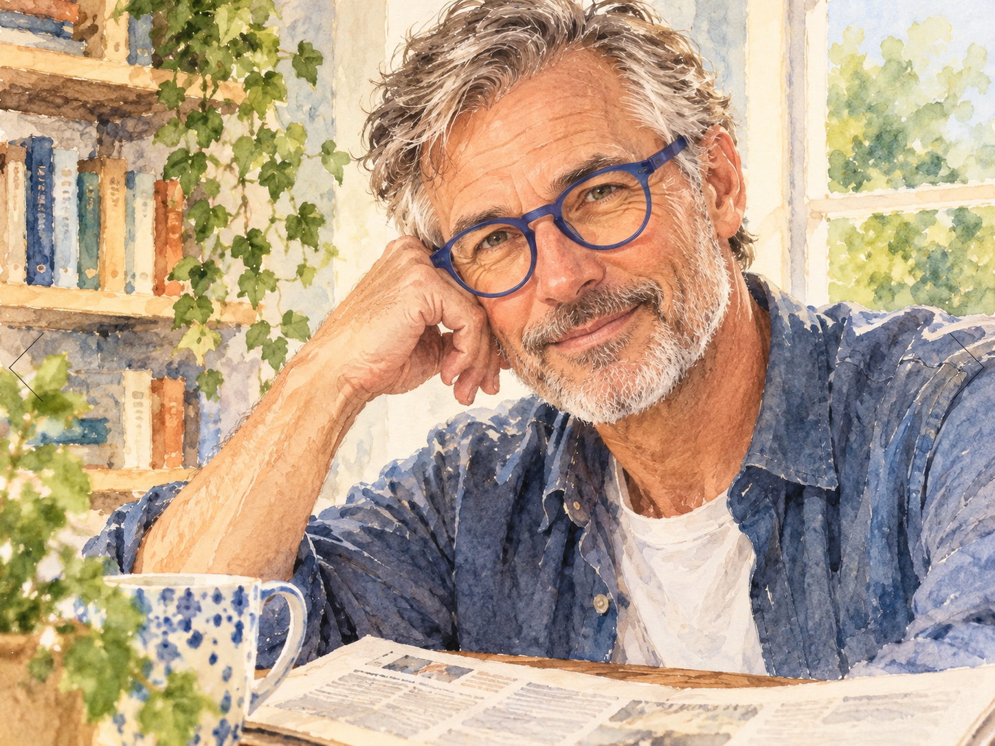 Man wearing blue HangOver Panto reading glasses