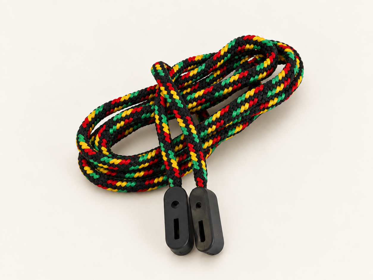 Caribbean glasses cord with red, yellow and green woven through a dark braid