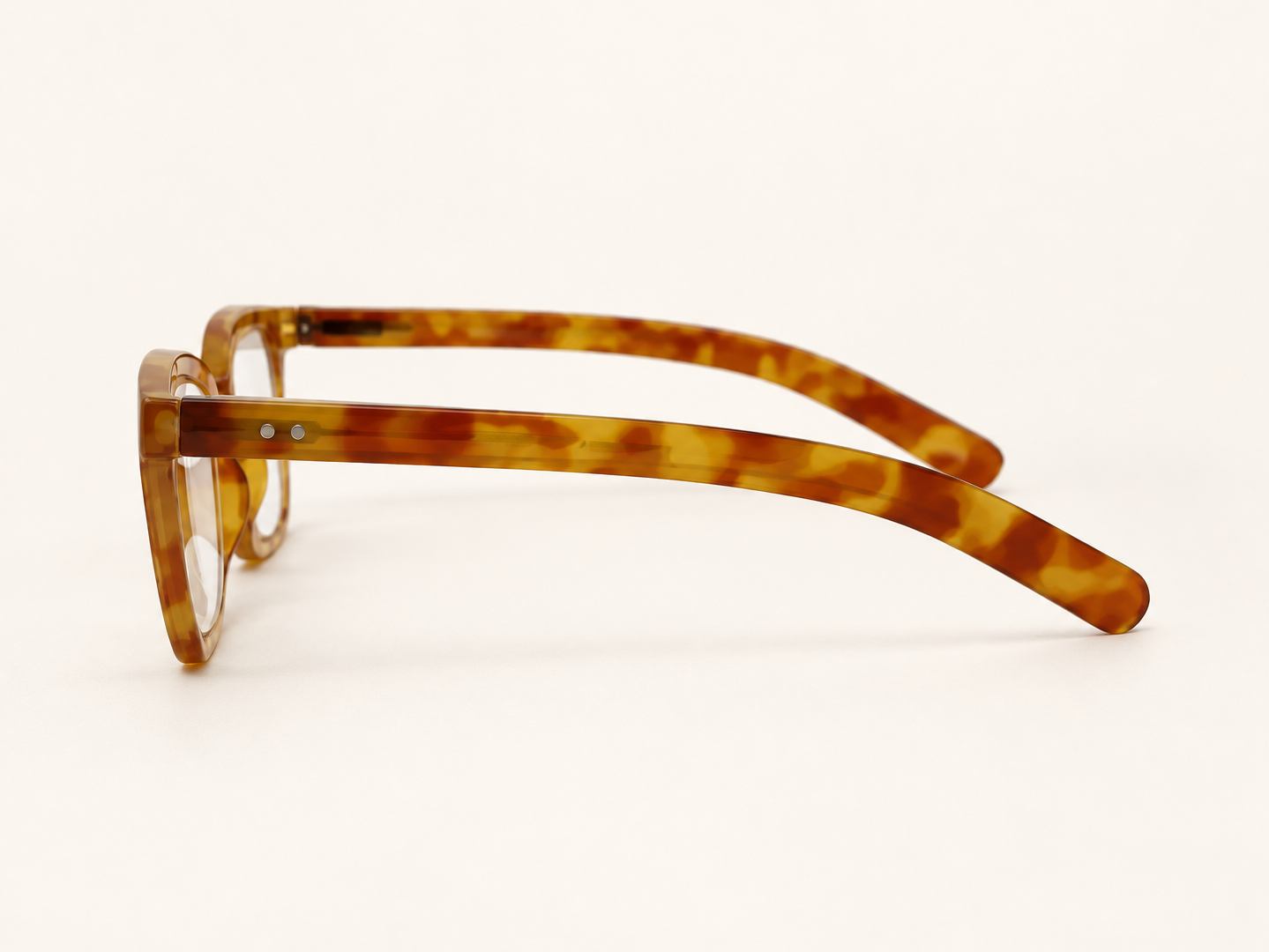 Side view of I Need You John reading glasses showing the light Havana temples and hinge detail