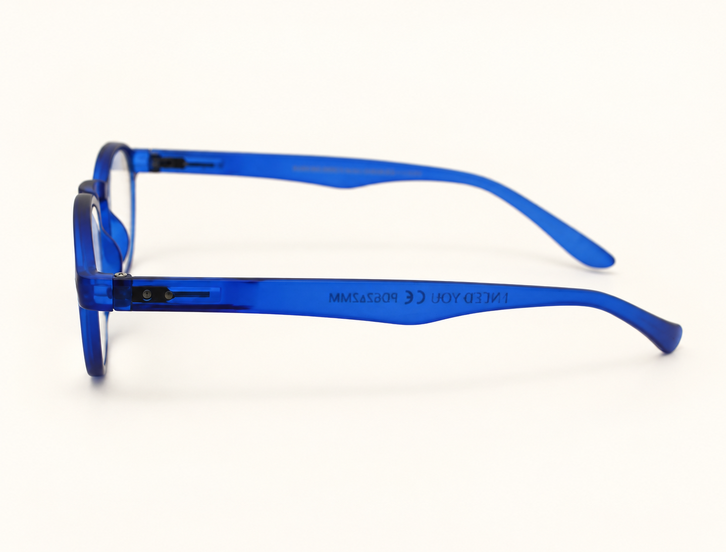 Side view of blue Hangover Panto reading glasses showing the extra-long curved temples