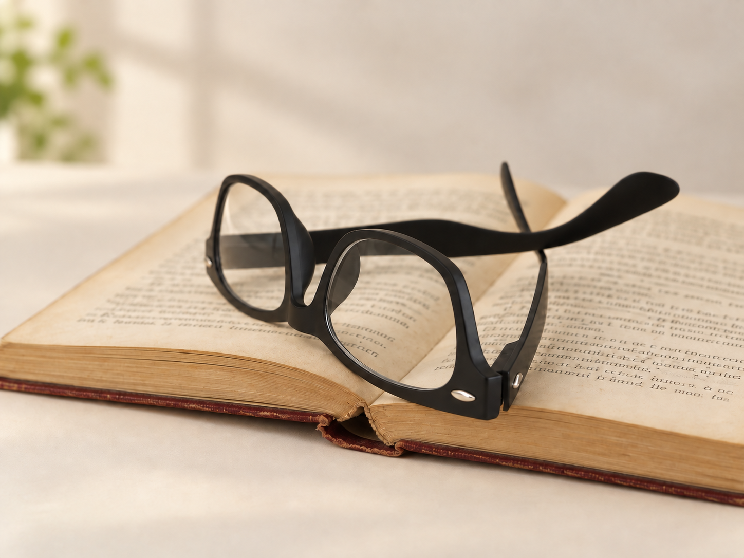 Woody black reading glasses resting across an open book