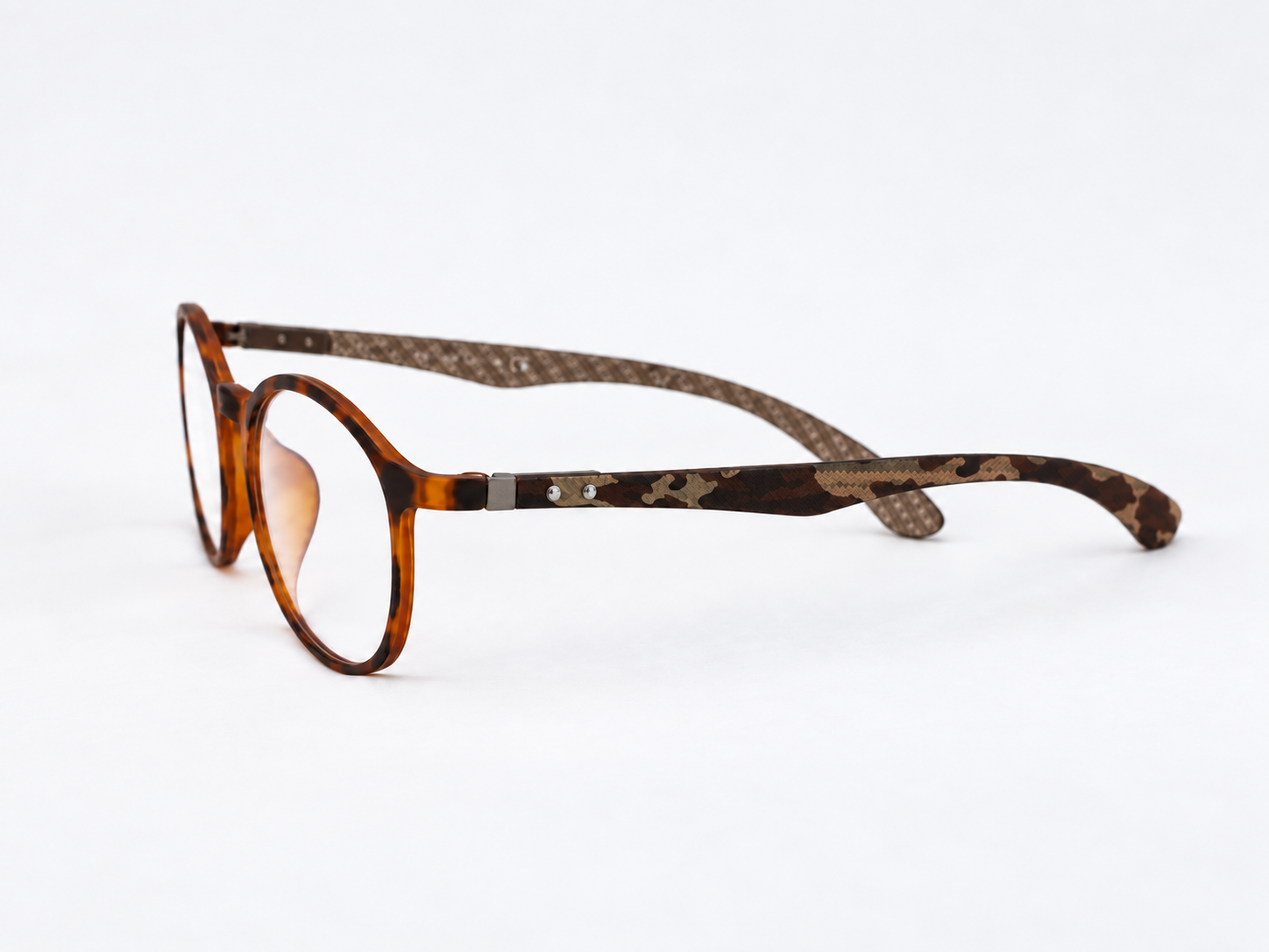 Side view of Jacob Stone Sky 16049 reading glasses showing the patterned temple arm