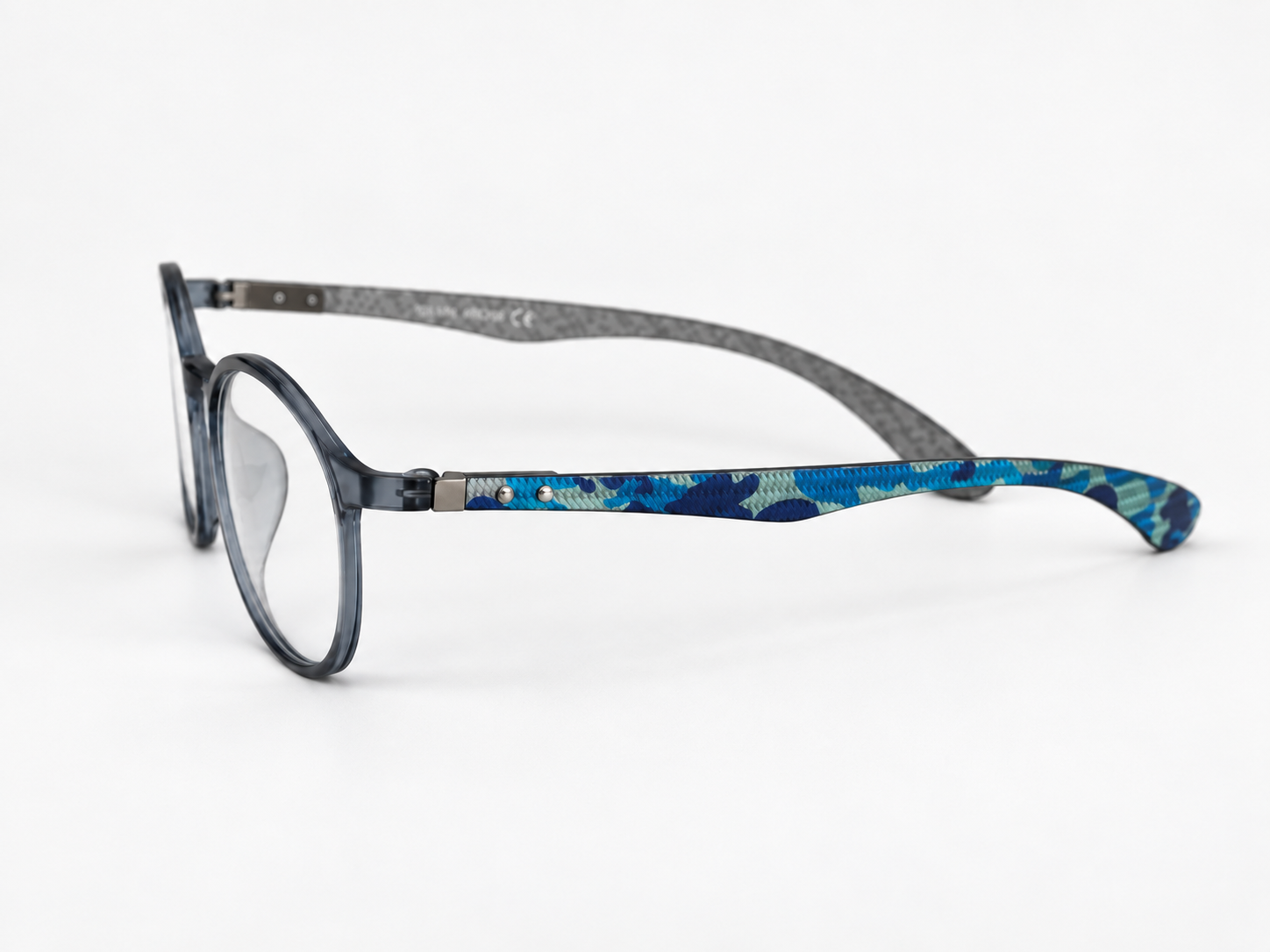 Side view of Jacob Stone Sky 16049 reading glasses showing the patterned blue temple