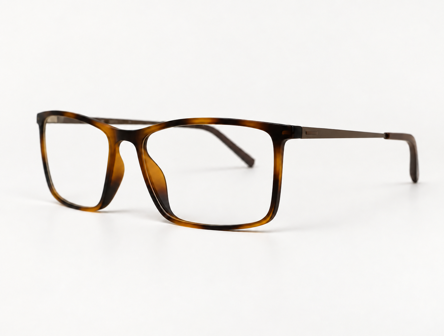 Angled view of B-362 reading glasses with a brown mottled front and slim metal arms