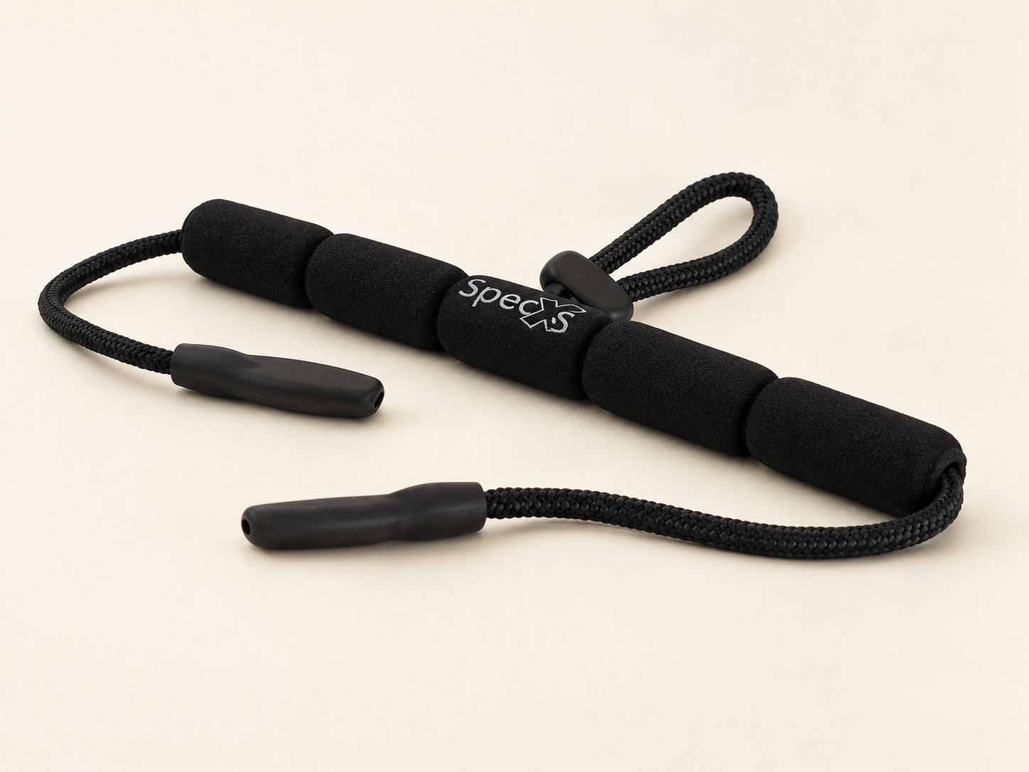 Black floating spectacle cord with segmented float, braided adjustment loop and two black end grips