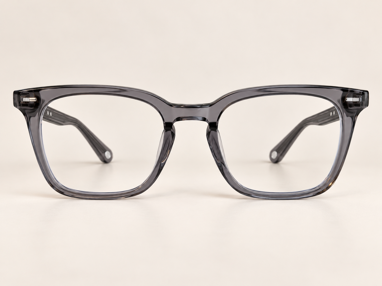 Front view of Jacob Stone JS811 reading glasses in translucent grey with softly squared lenses