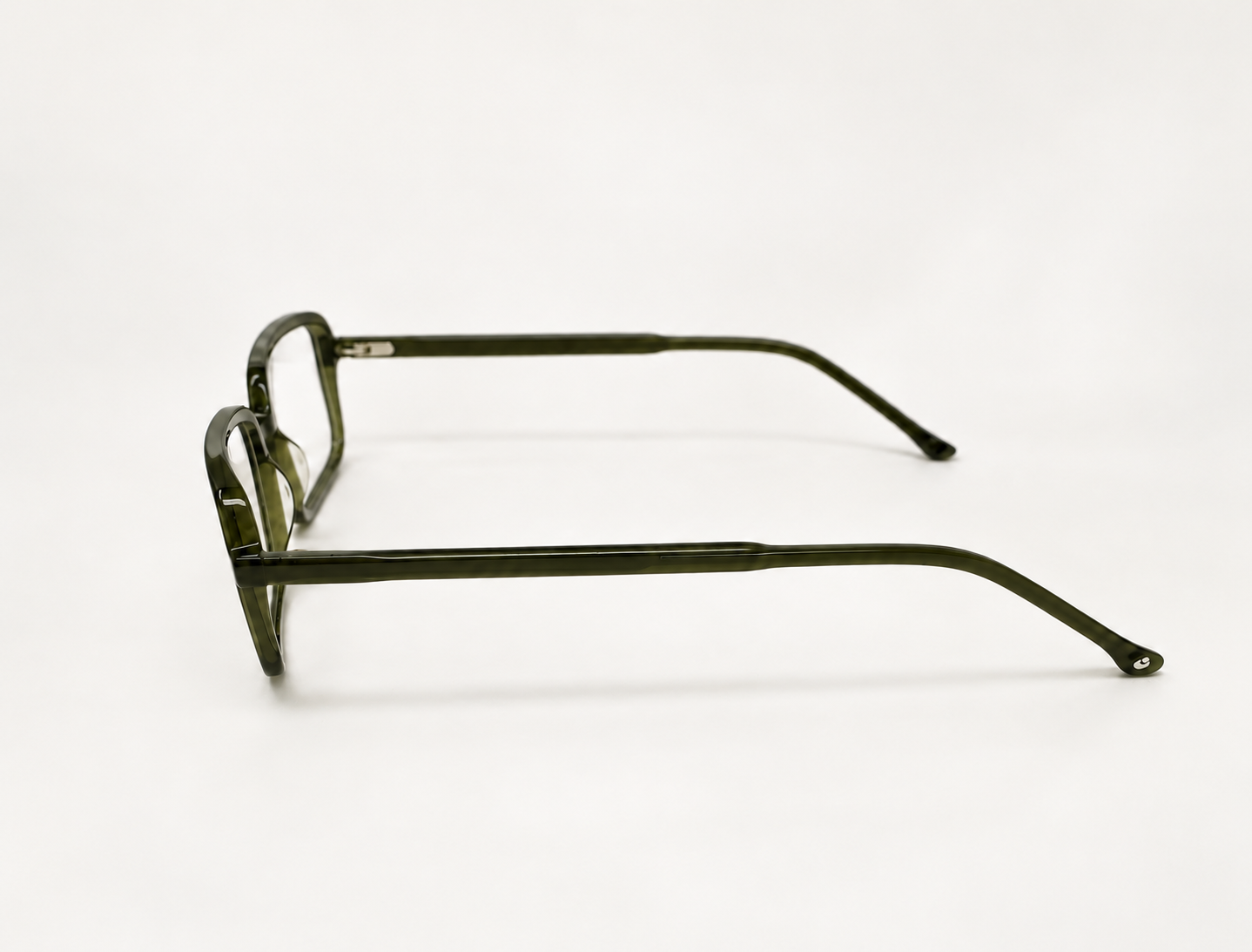 Side profile of F-0641 reading glasses showing the slim dark green temple