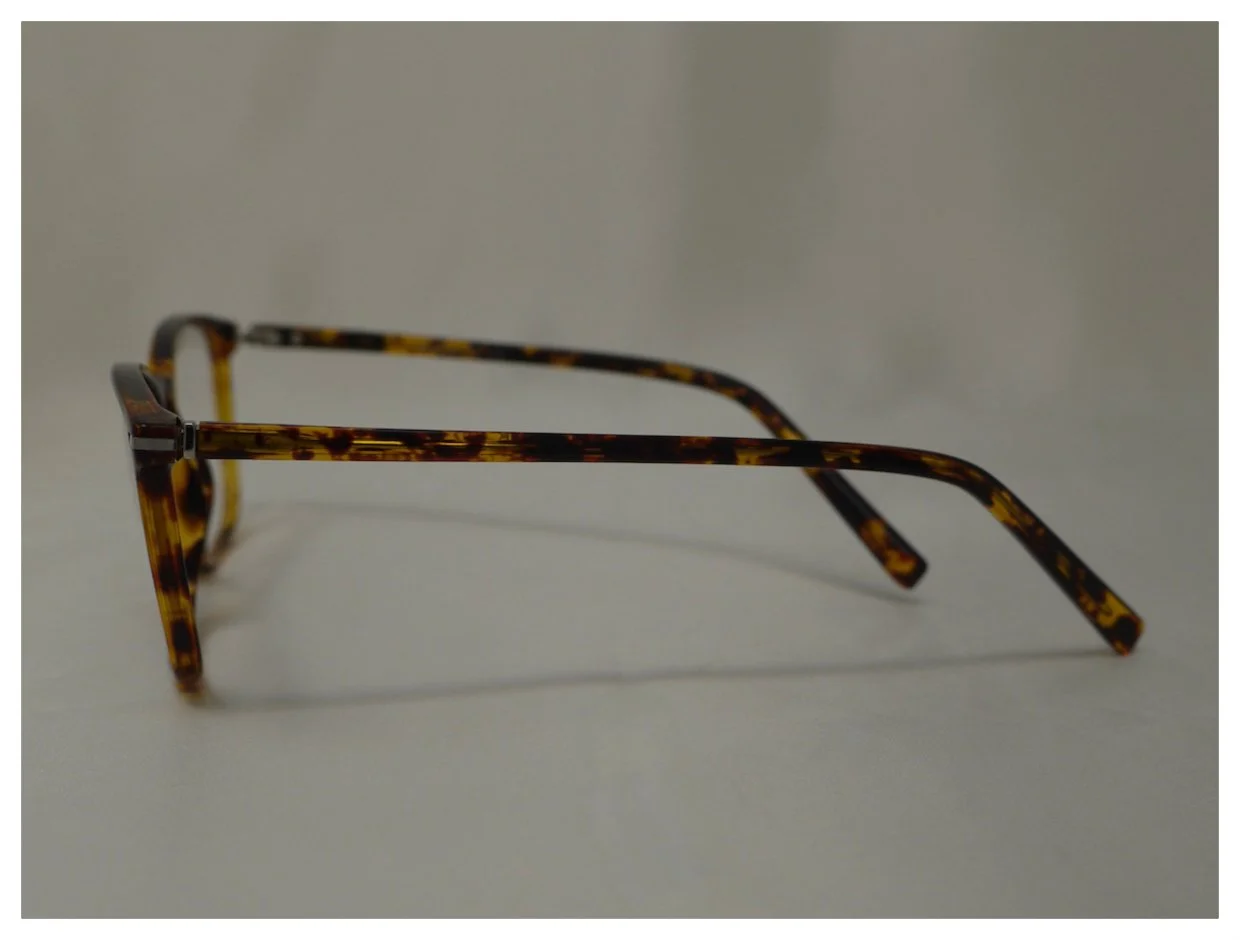Side profile showing the slim tortoiseshell temple arms of model B-AC9D