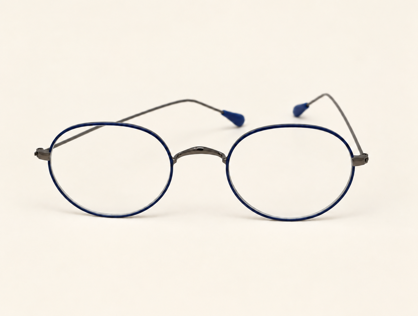 Lennard blue and gunmetal reading glasses with fine round rims and a W-shaped bridge