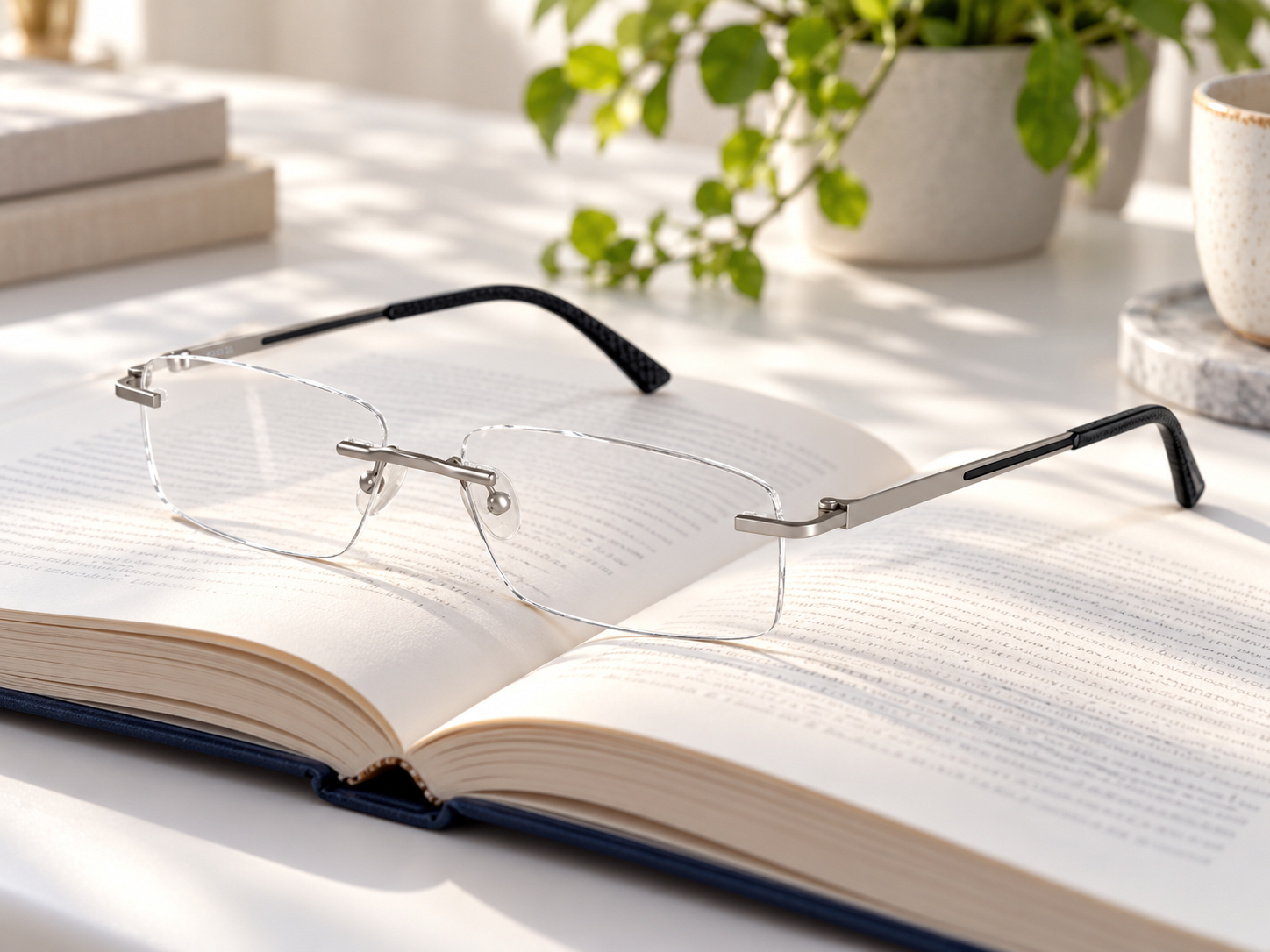 Paul Costelloe PC 5198 C2 rimless reading glasses resting on an open book