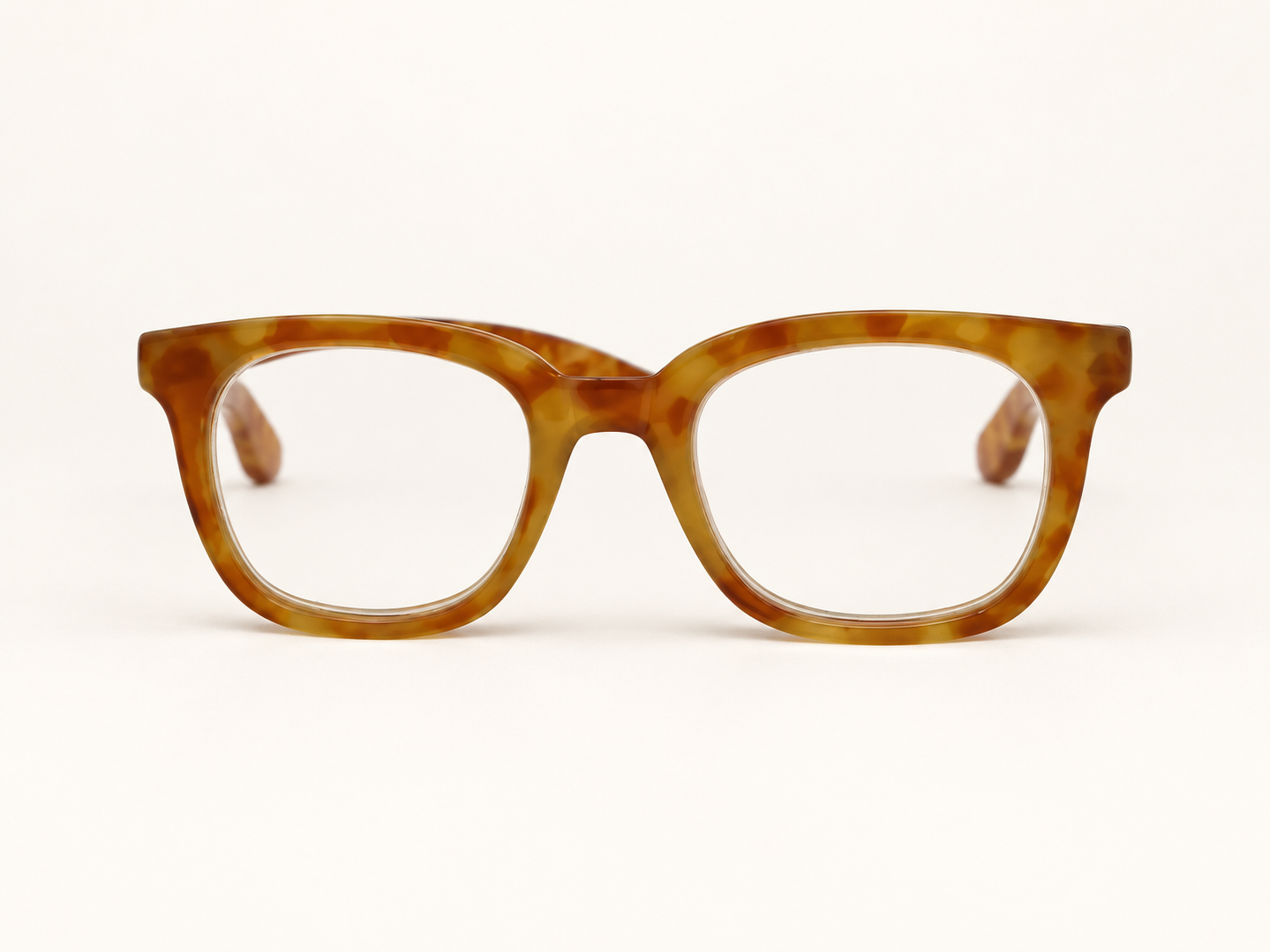 Front view of I Need You John square reading glasses in a light Havana finish