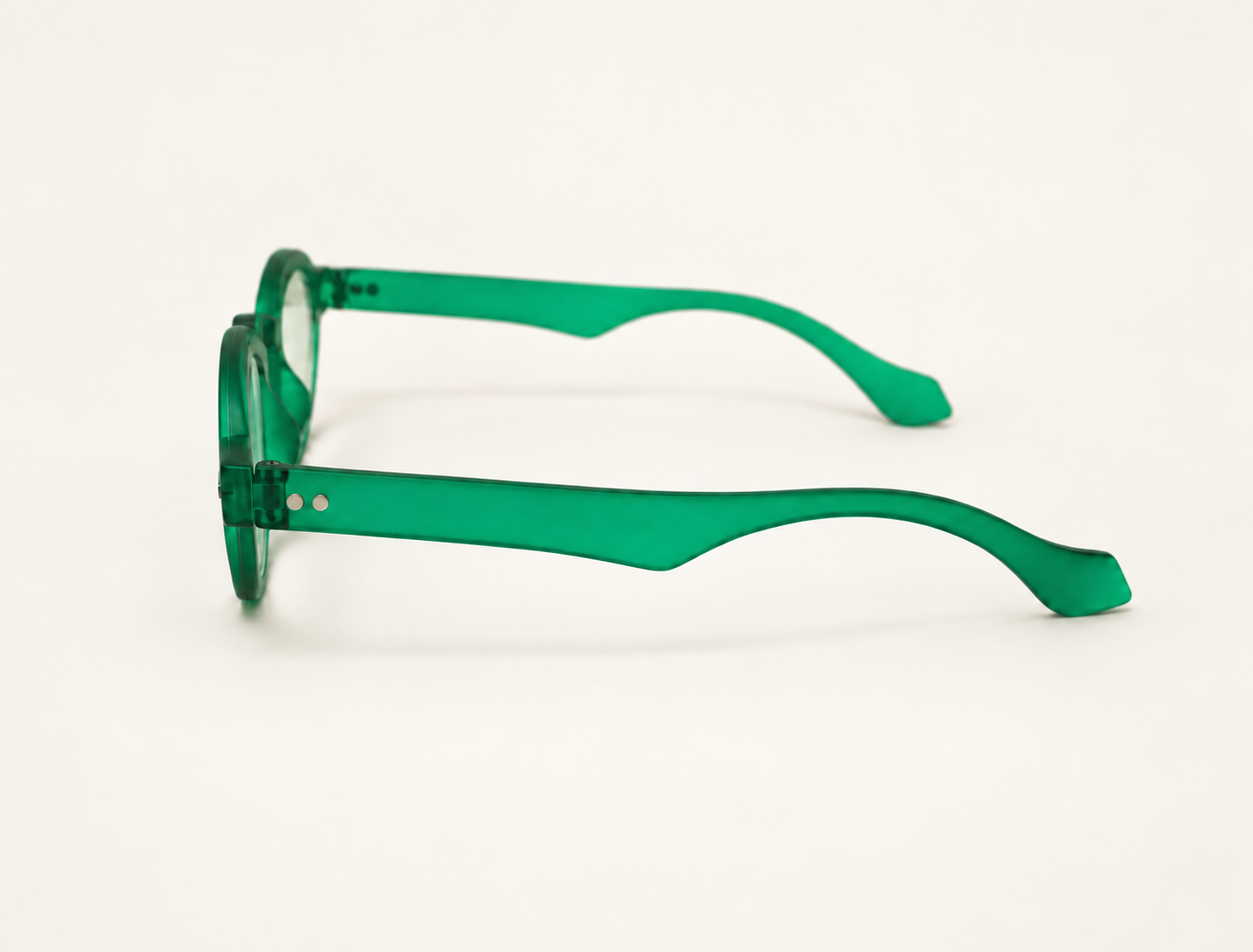 Side view of Doctor green reading glasses showing the broad temple and curved arm tip