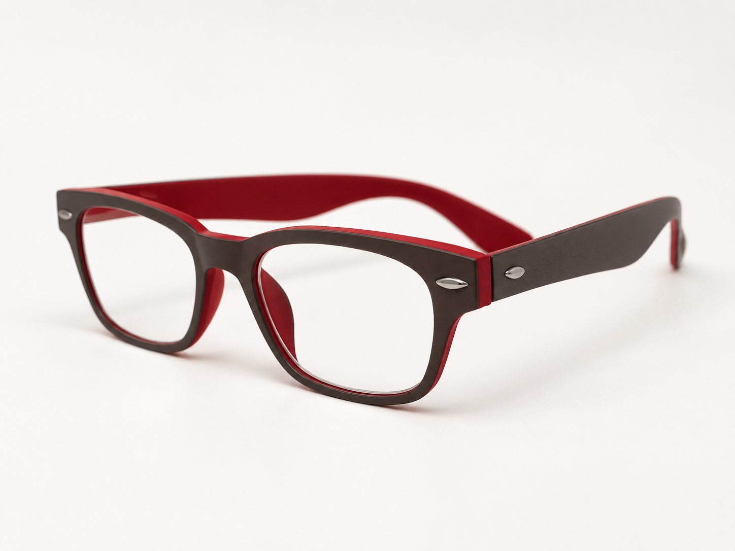 Woody Select reading glasses with a grey front, red inner detailing and open temples, shown at a three-quarter angle