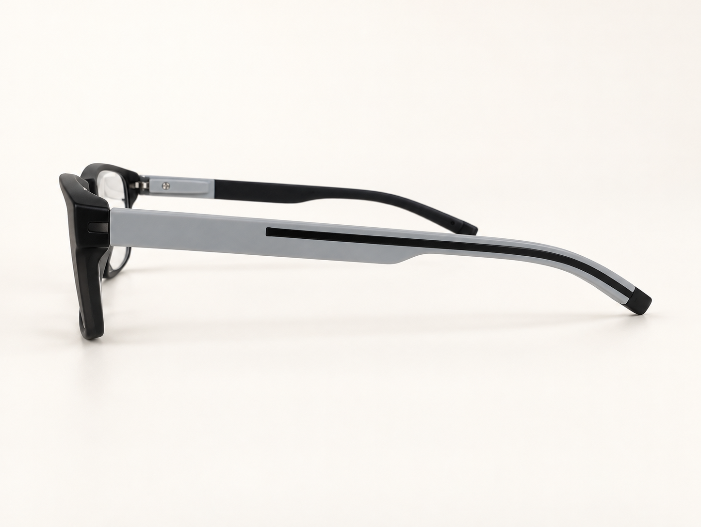 Side view of 2624 reading glasses showing the grey arm, black stripe and curved black tip