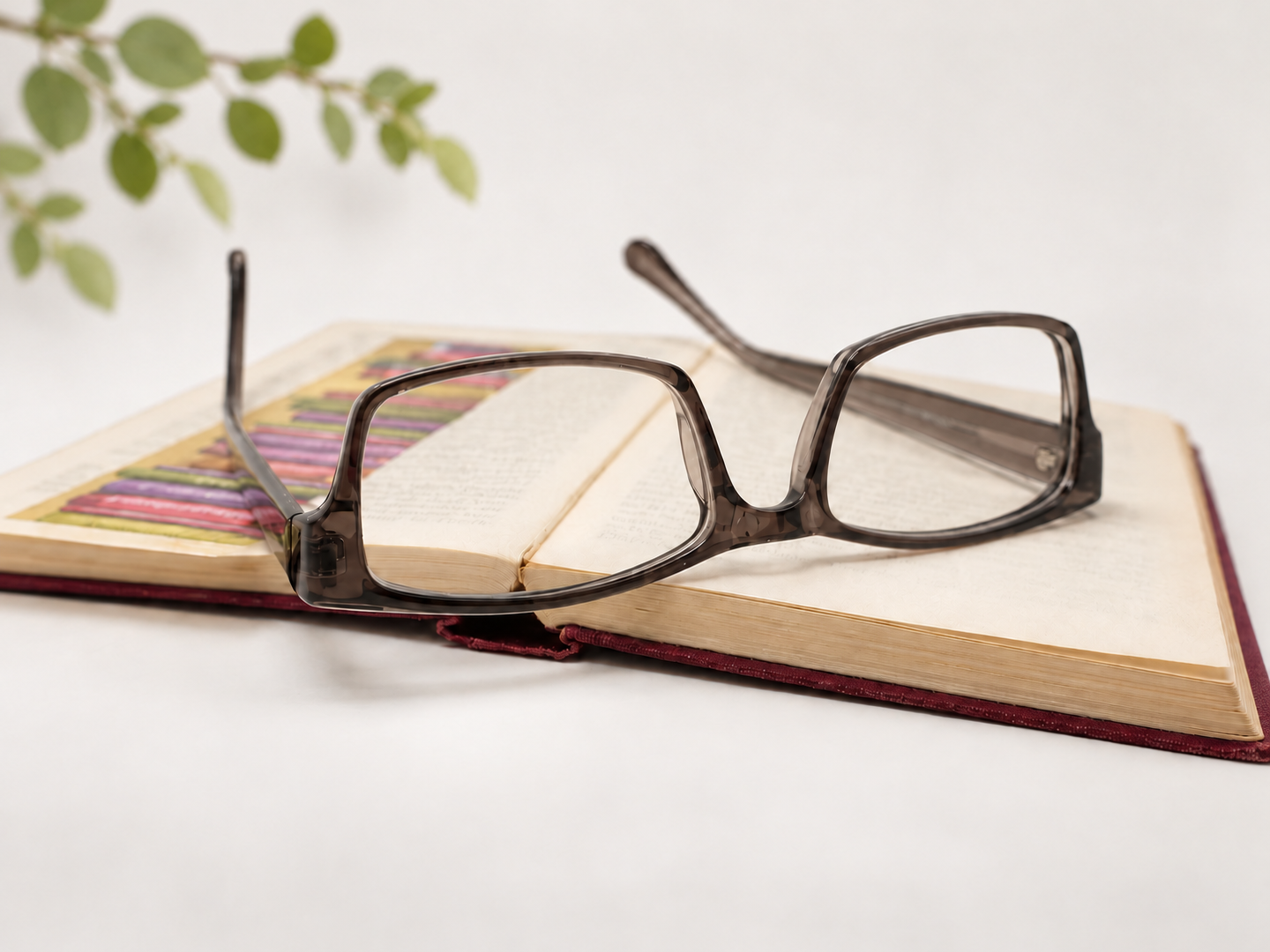 Sicily charcoal grey reading glasses resting on an open book