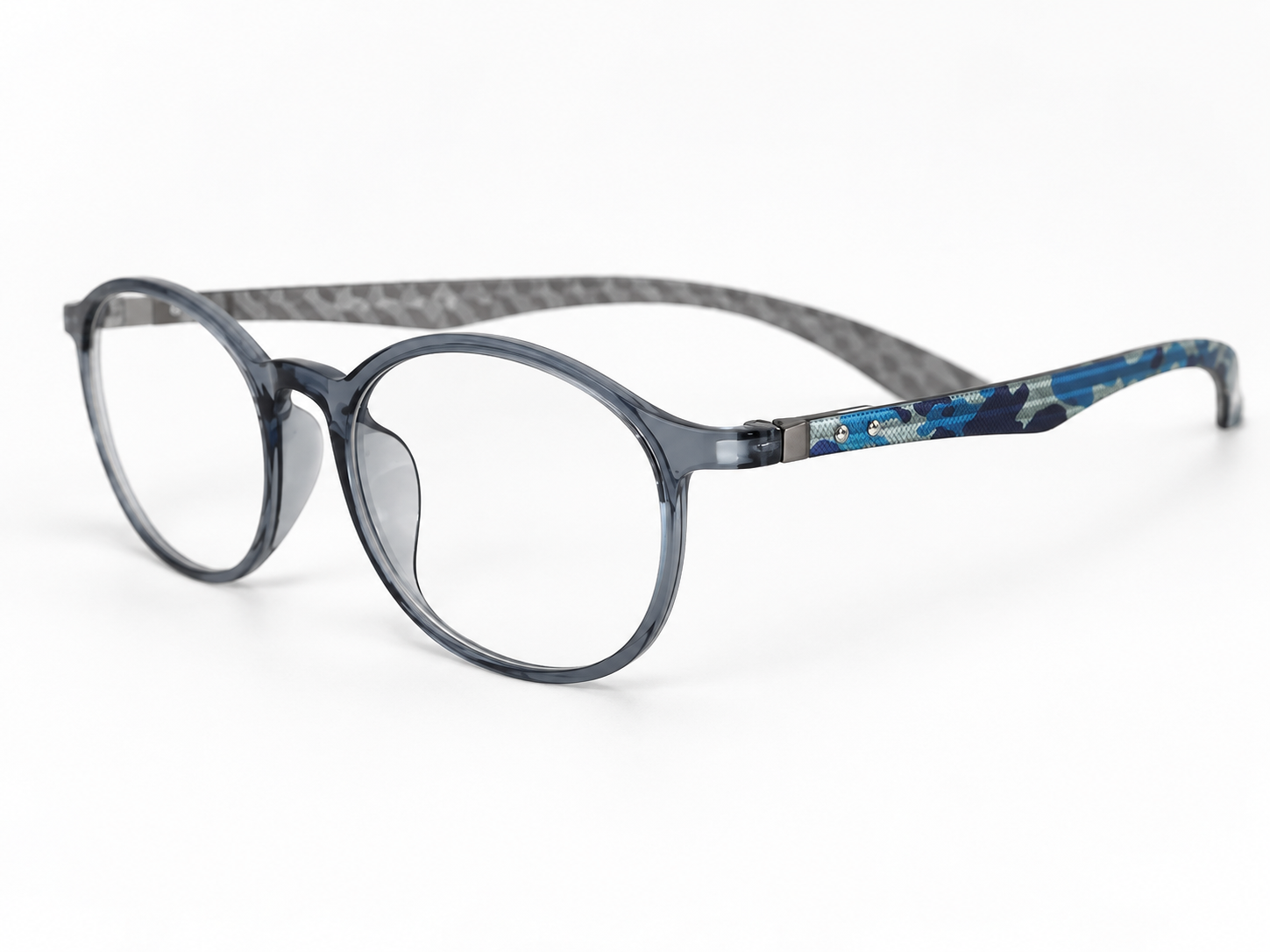 Angled front view of Jacob Stone Sky 16049 reading glasses with a translucent grey-blue frame
