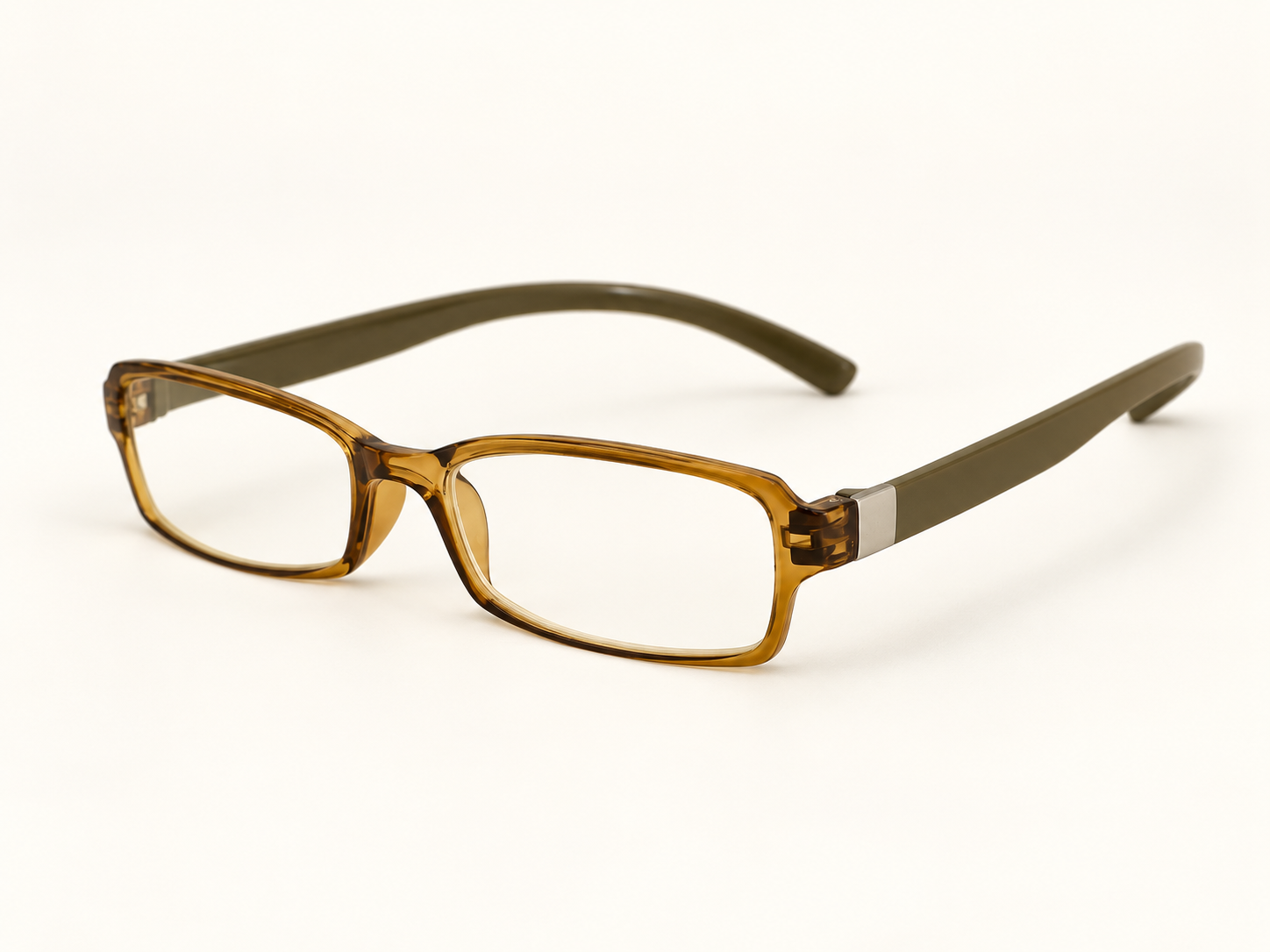 Side view of honey SpecNecs C-2609 reading glasses showing the extra-long curved temples