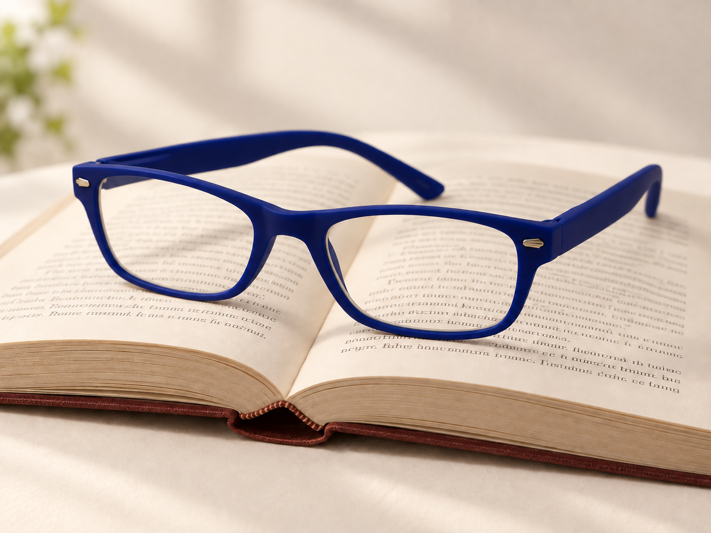 Feeling Blue reading glasses resting on an open book