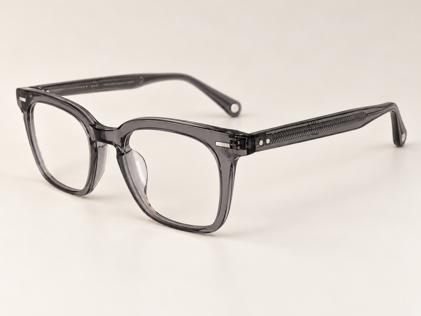 Angled view of Jacob Stone JS811 grey reading glasses showing the patterned arms and metal accents