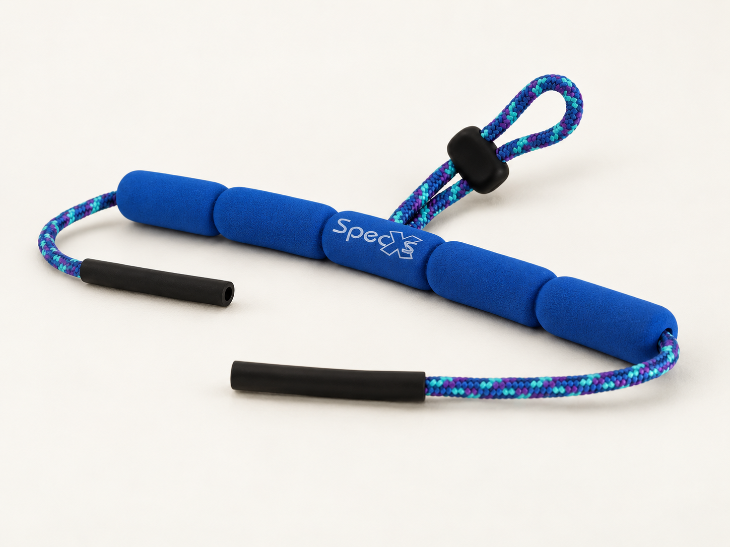 Blue floating spectacle cord with multicoloured braided adjustment loop and two black end grips