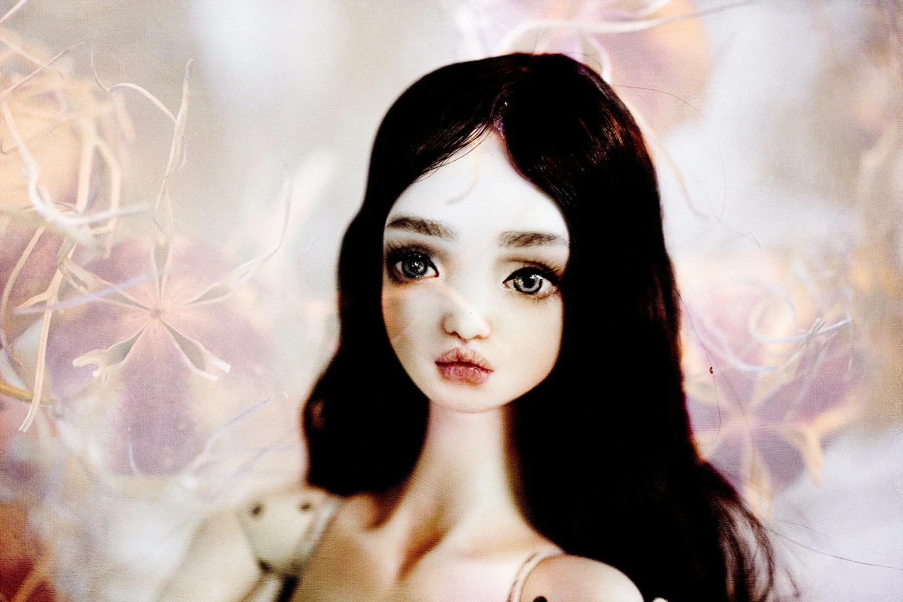  Portrait of  Echo , my custom porcelain ball-jointed doll with long wavy auburn wig, digital montage with original photographs (in-studio, natural light) 2026  #C1040842 