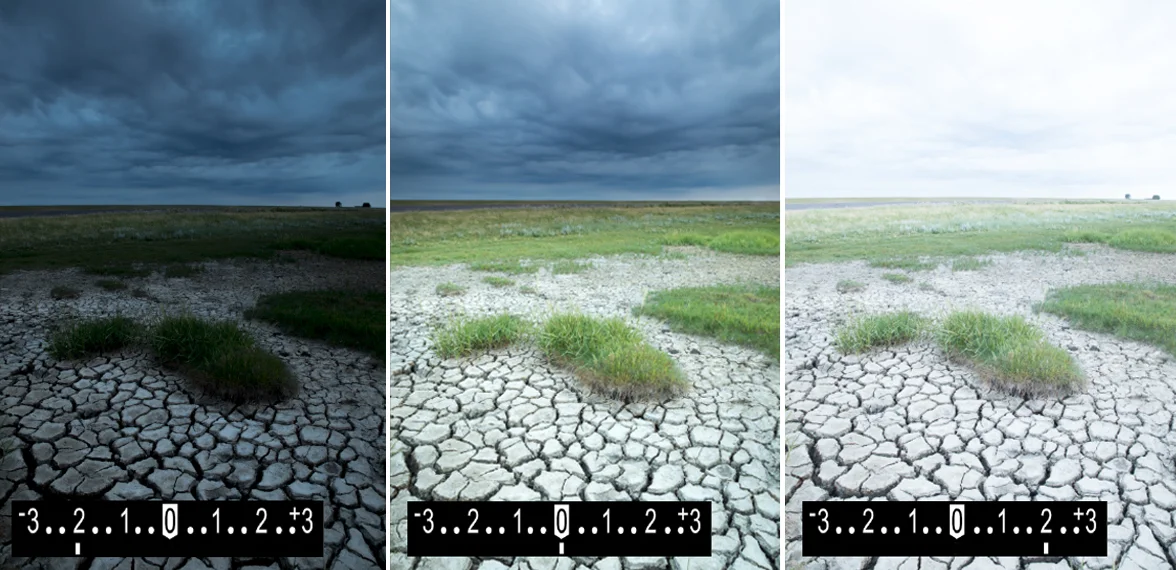 Image 3: This image clearly shows what the exposure meter does. With an underexposed photo, the indicator shows a negative value. With an overexposed photo a positive value.