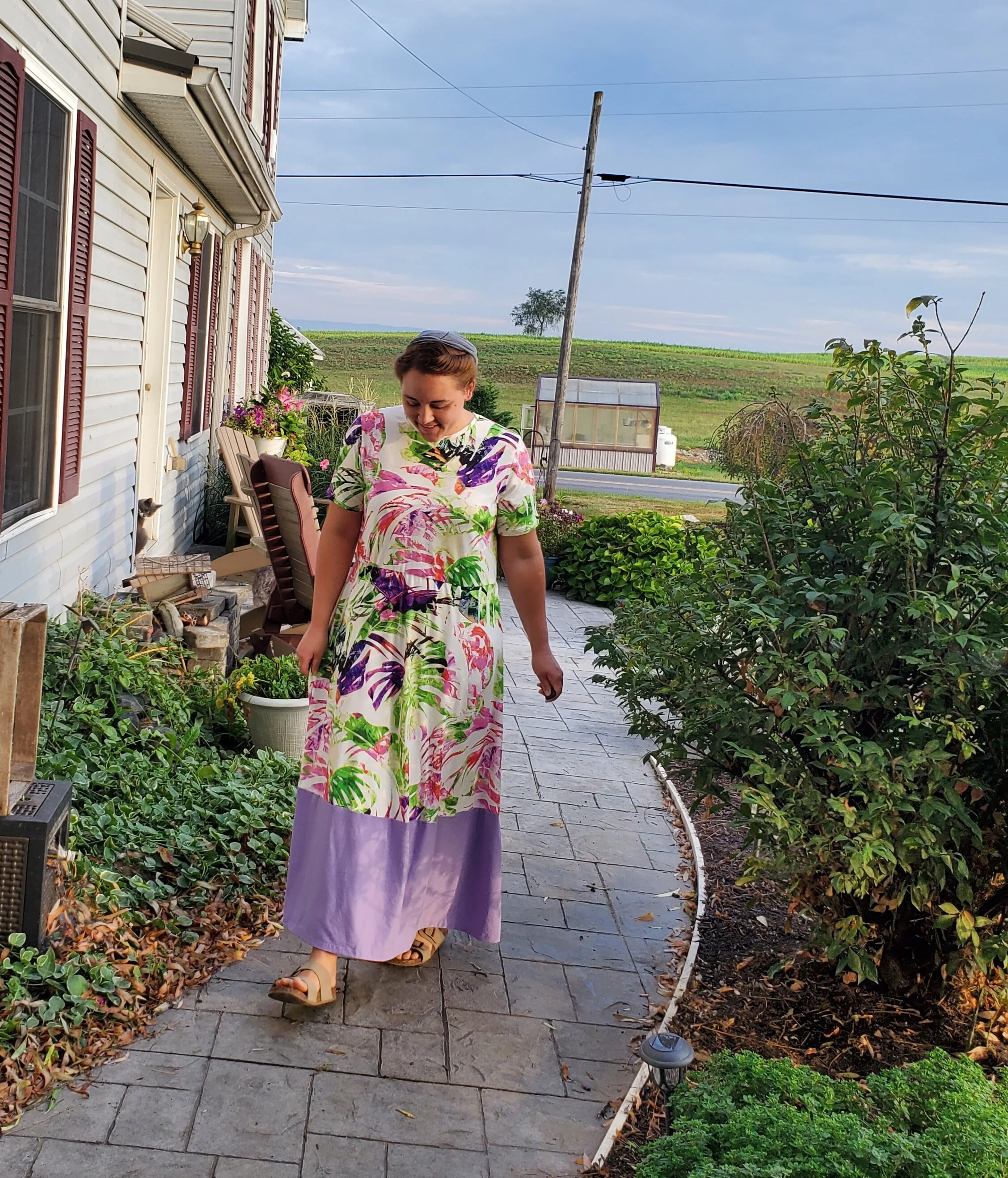 Size 16/18 Women, Modest Tropical Floral Double Brush Poly Flared Maxi Dress  Trimmed in Purple  Just Skirts by Lori