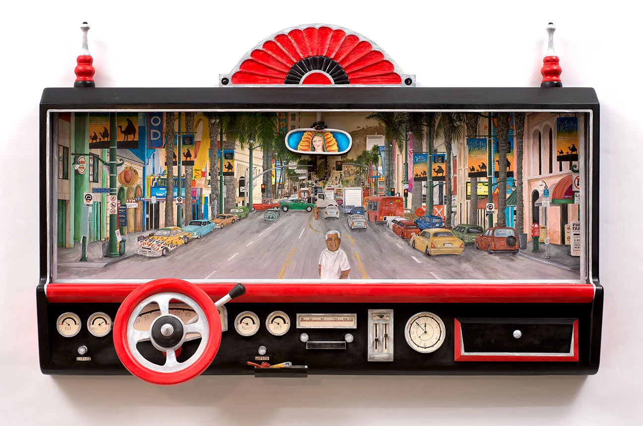 Cruising Hollywood: Homage to Magu, 2016. Carved and painted wood, 37 x 58 x 12 in. Collection of the artist . Photo © James Hart