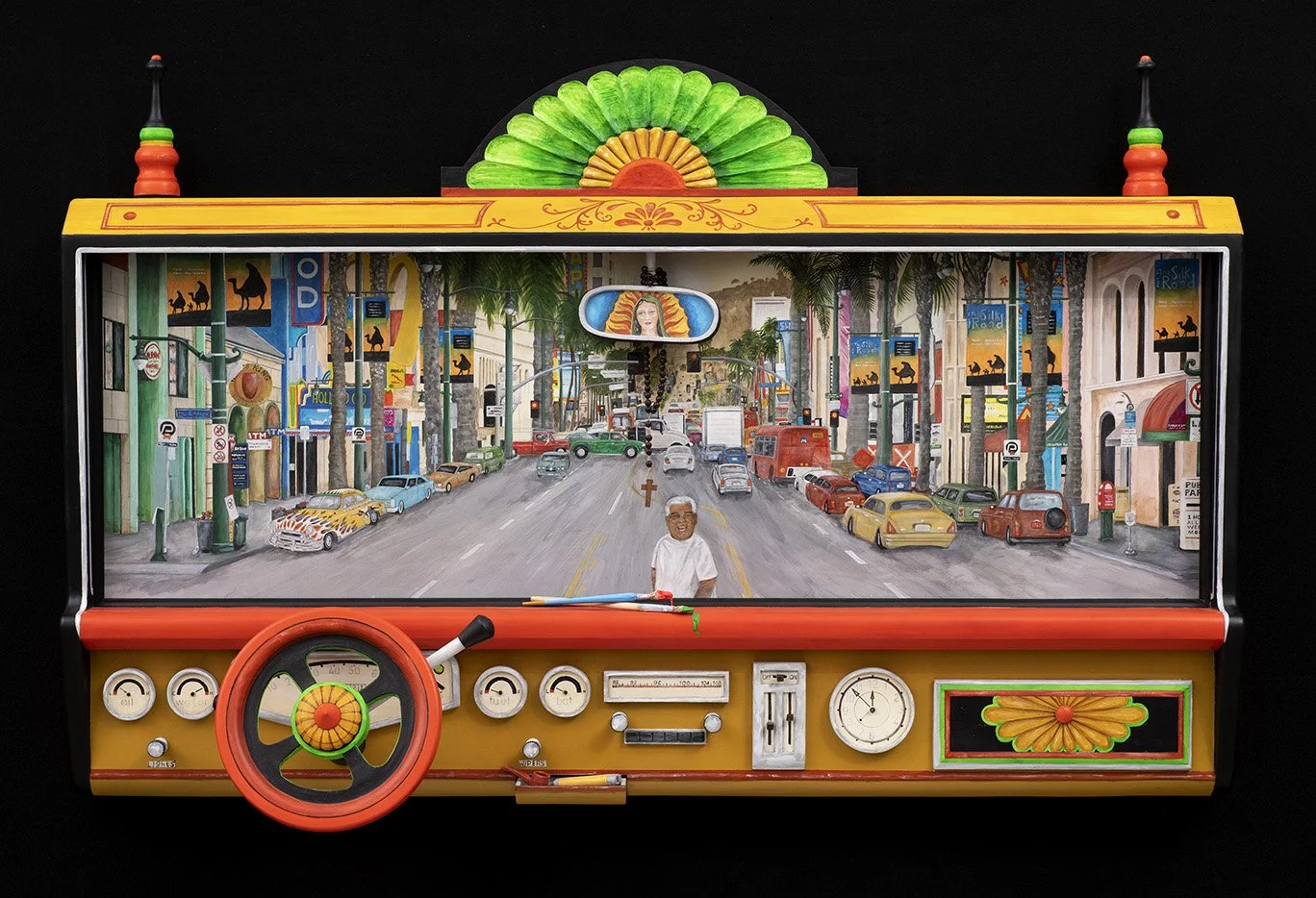  Cruising Hollywood: Homage to Magu, 2016 (recalled 2023). Carved and painted wood, 37 x 58 x 12 in. Photo © James Hart.  
