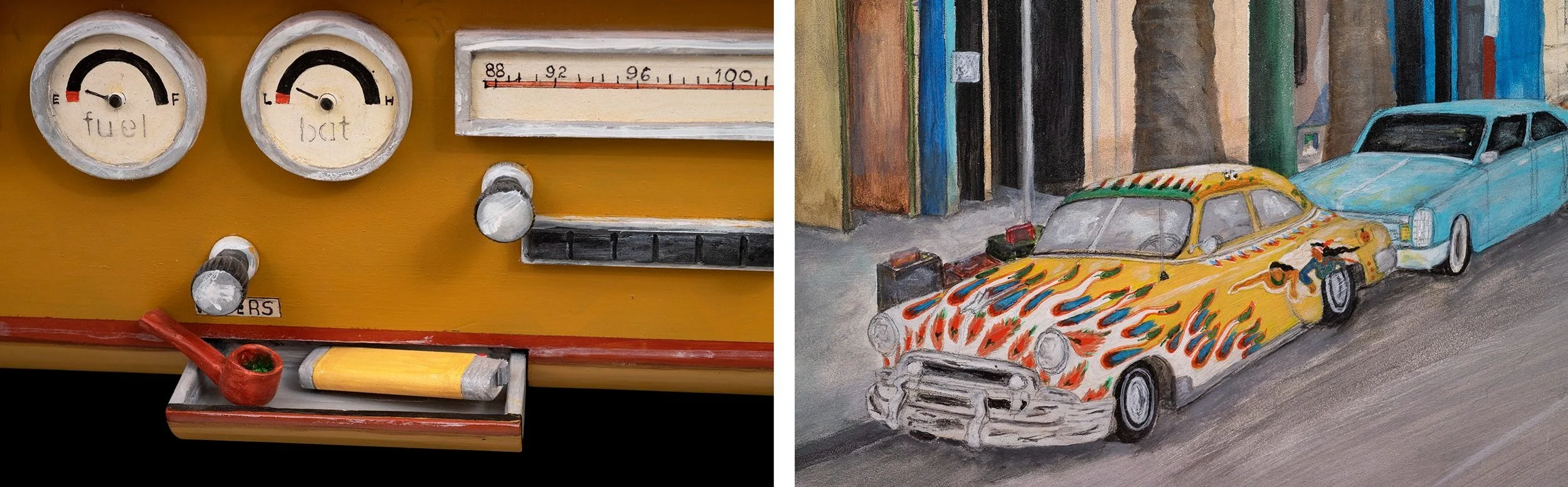   Cruising Hollywood: Homage to Magu  (details), 2016 (recalled 2023). Carved and painted wood, 37 x 58 x 12 in. Photo © James Hart. 