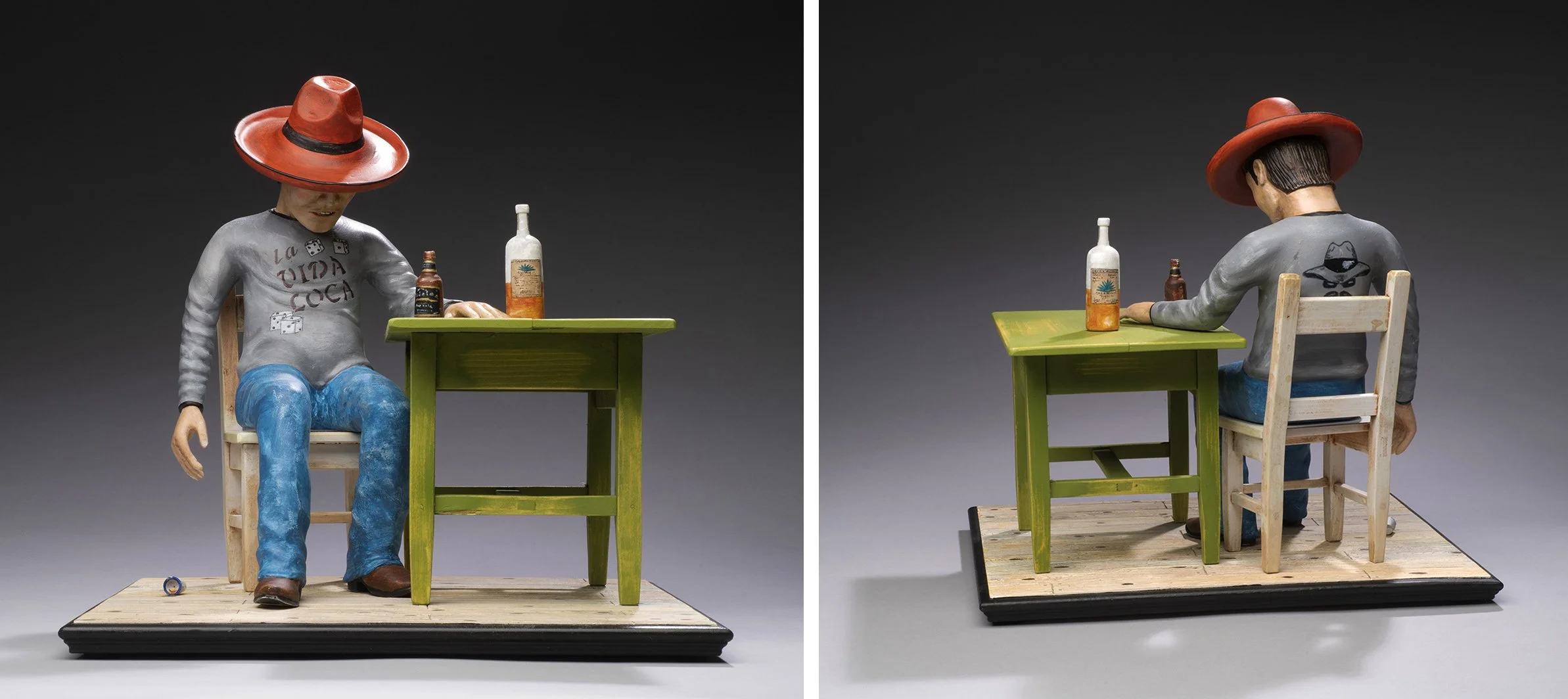   Homage to a Good Bottle of Tequila and a Beer Chaser , 2022. Carved and painted wood, 15 x 15½ x 13¾ in. Photo © James Hart. PRICE UPON REQUEST. 