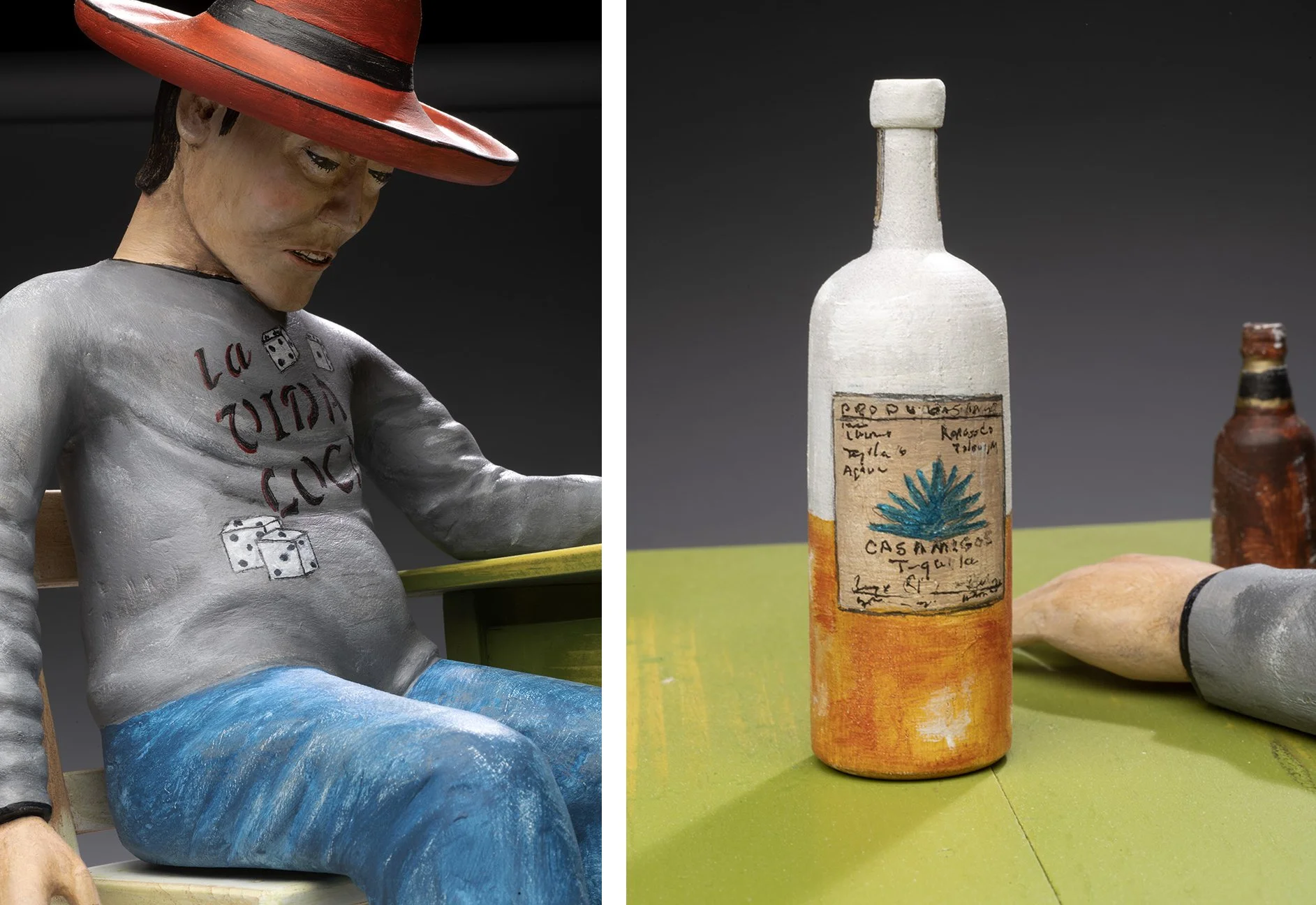   Homage to a Good Bottle of Tequila and a Beer Chaser  (details), 2022. Carved and painted wood, 15 x 15½ x 13¾ in. Photo © James Hart. PRICE UPON REQUEST. 