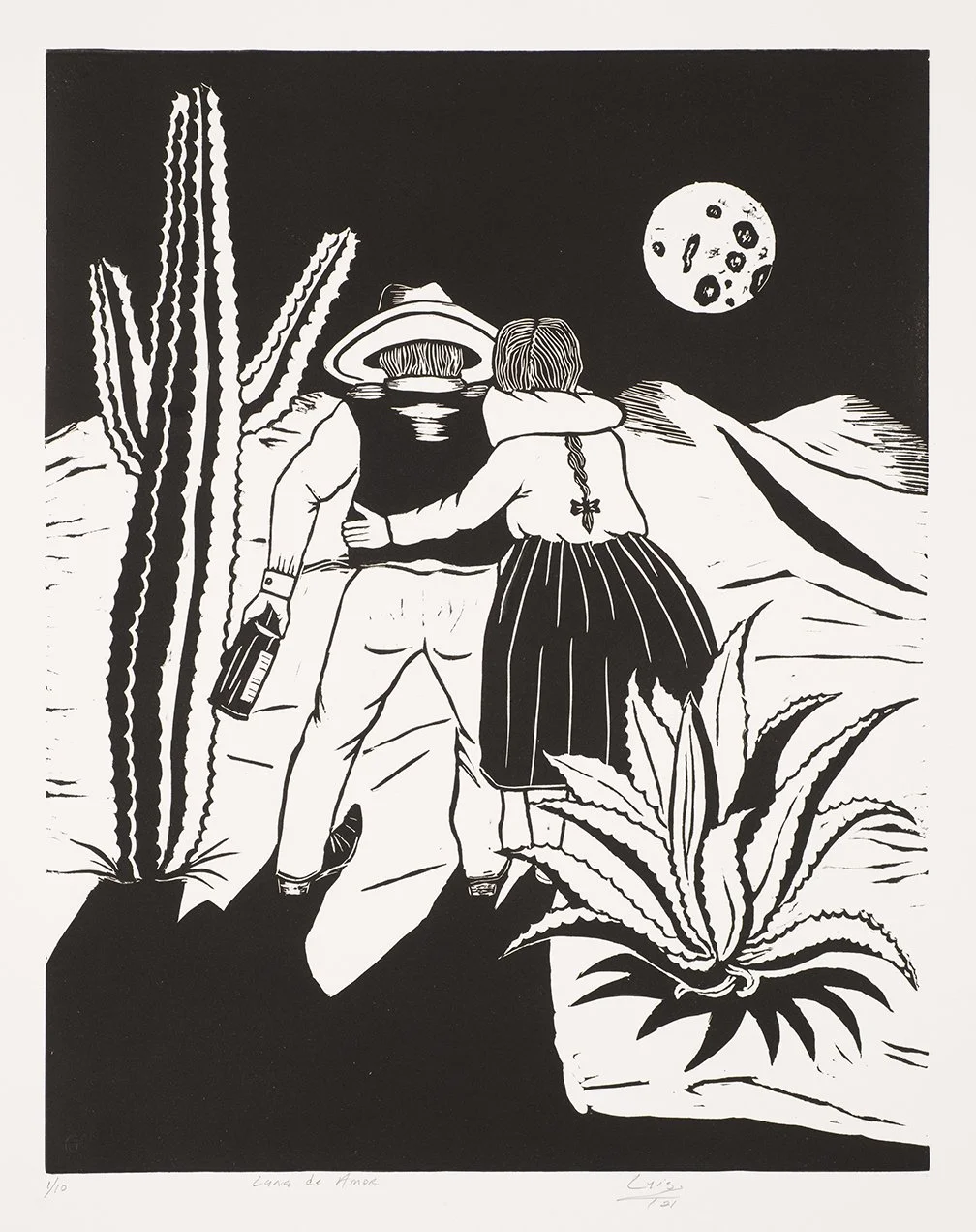   Luna de Amor , 2021. Linocut print, 22¼ x 26½ in. Printed by Steve Britko, edition of 15. Collection of Albuquerque Museum. Photo © James Hart. 