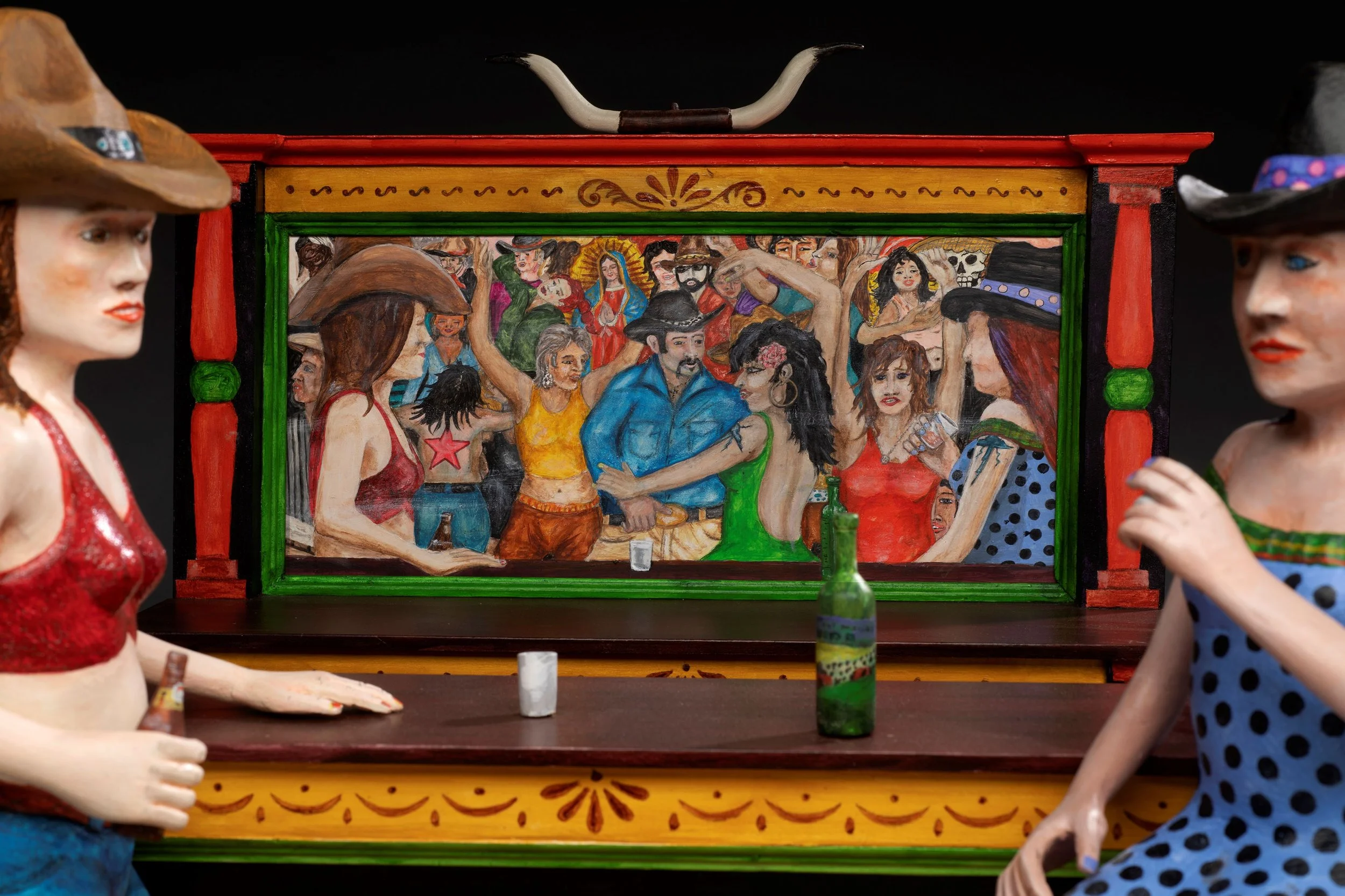   Honky Tonk Graces  (detail), 2023. Carved and painted wood, 17 ¾ x 21 ⅝ x 22 in. Collection of Curt, Christina, and Jonah Nonomaque. Photo © James Hart. 