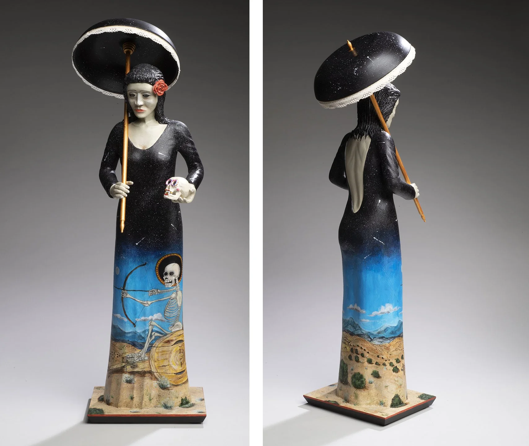   Sin muerte no hay vida , 2022. Carved and painted wood, 34 x 9⅝ x 7⅛ in. Collection of Mr. and Mrs. H. Earl Hoover II. Photo © James Hart. 